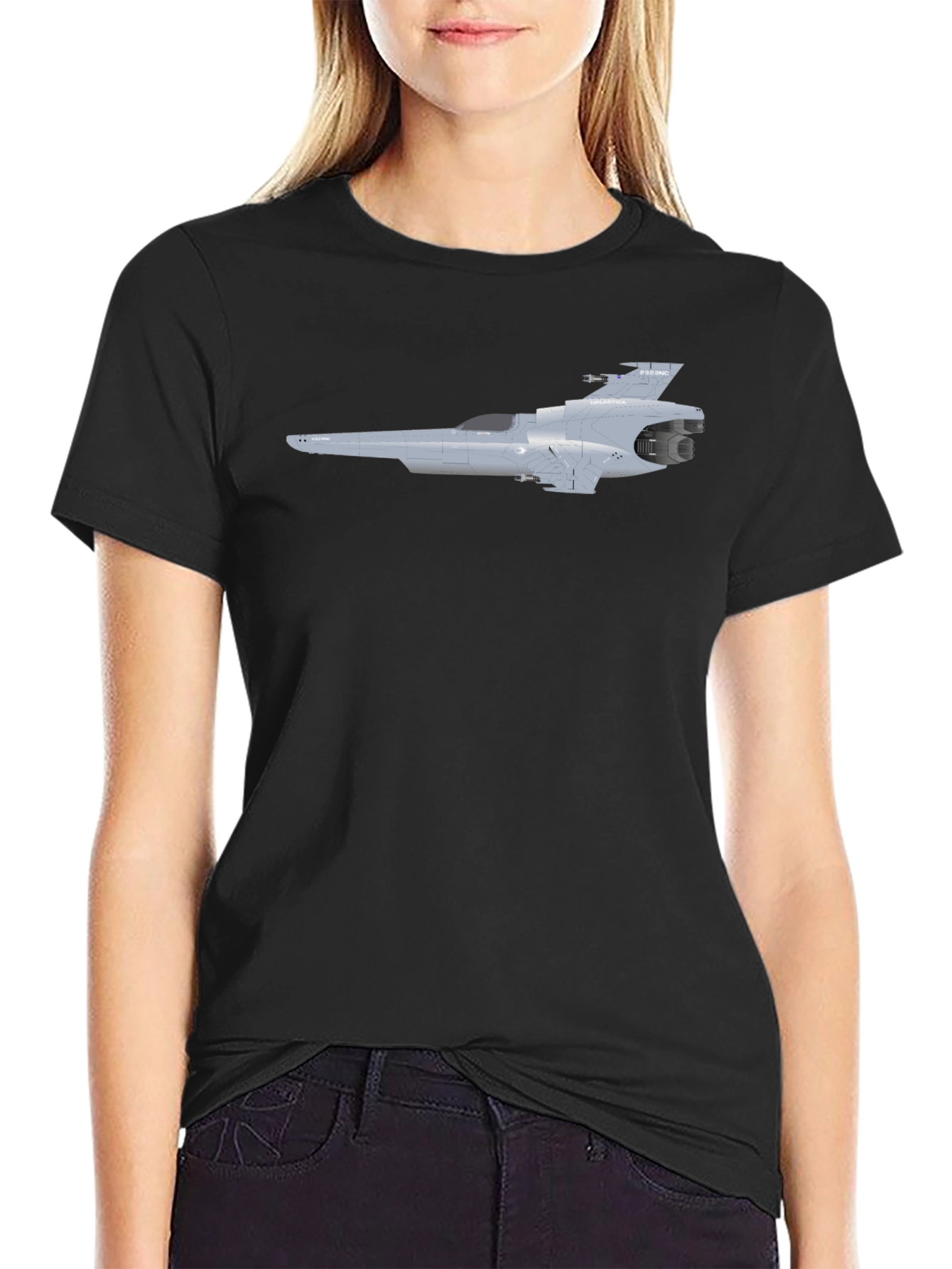 Sci-Fi Spaceship Graphic Tee - Black Cotton T-Shirt