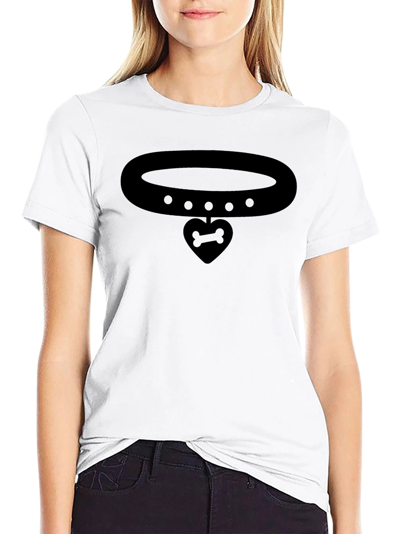 Bone Heart Pendant Collar Graphic Black T-Shirt