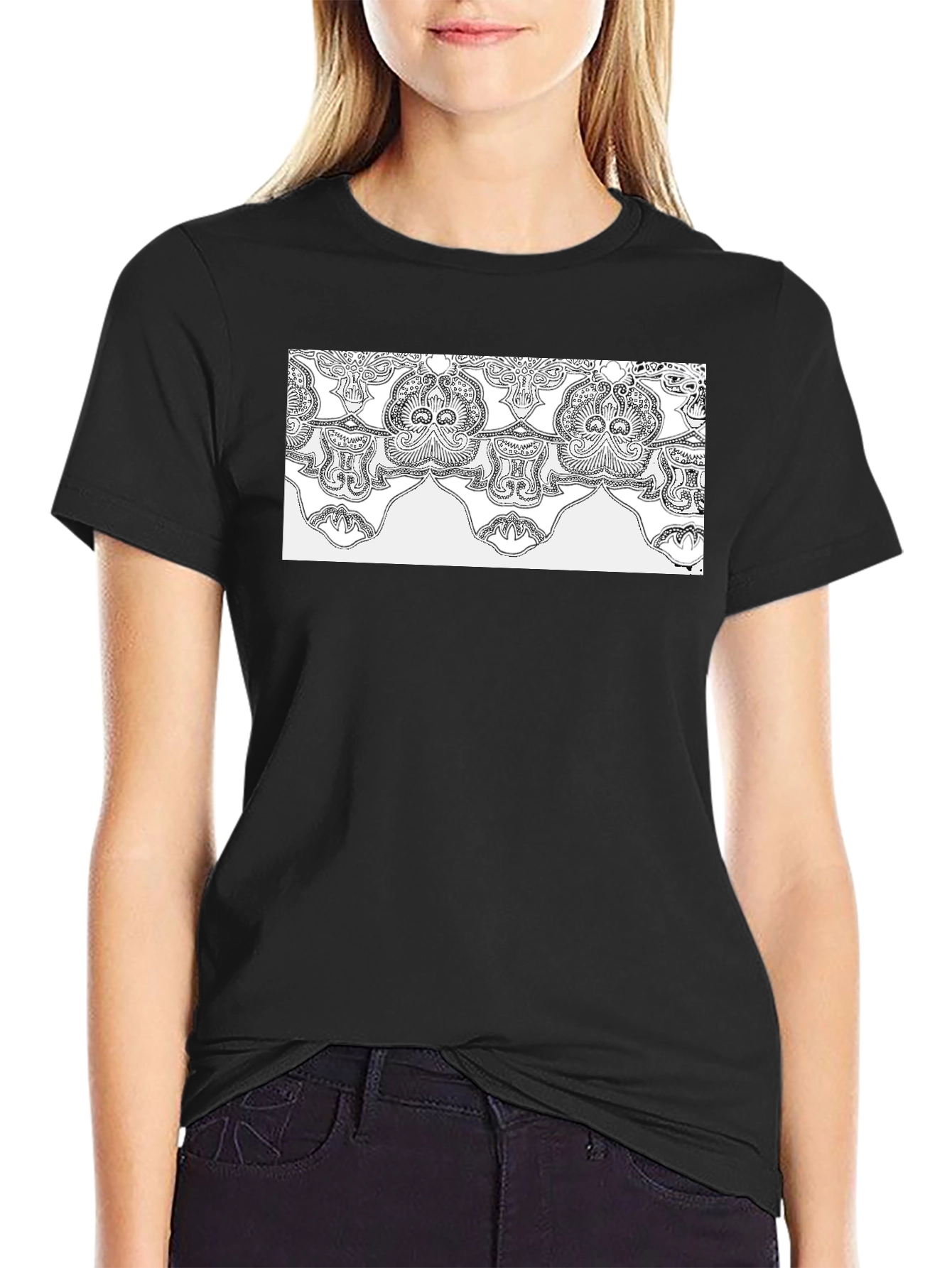 Elegant Black Tee with Ornamental Pattern