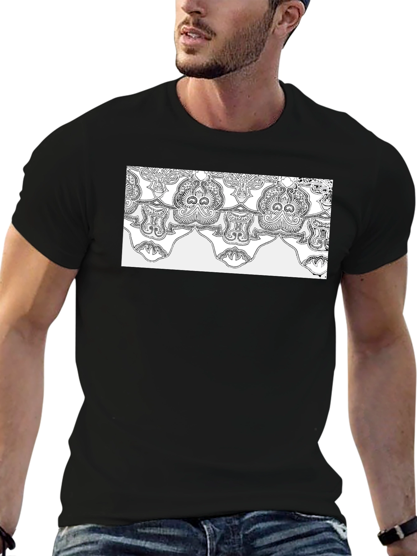 Elegant Black Tee with Ornamental Pattern