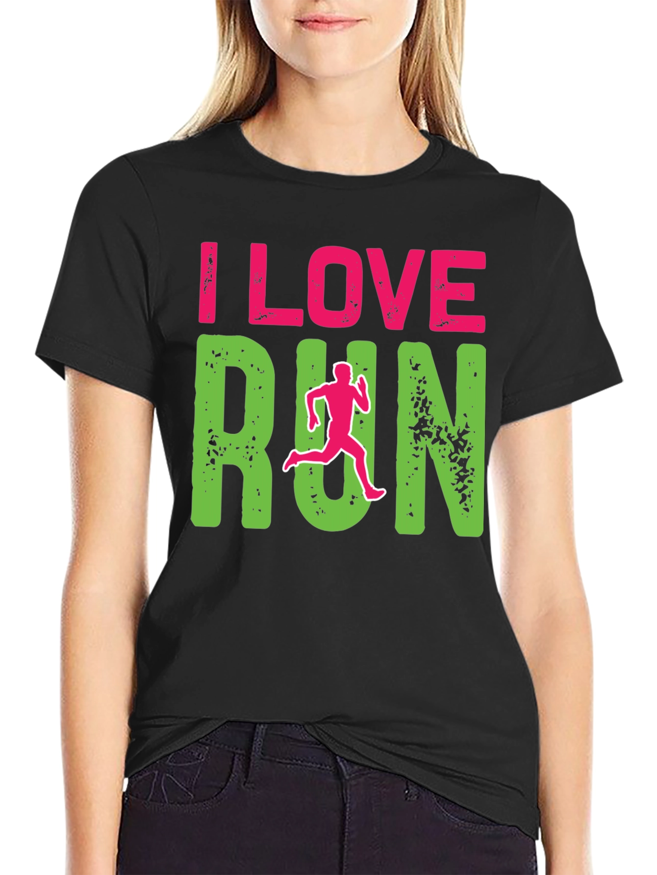 I Love Run Graphic Print Black T-Shirt