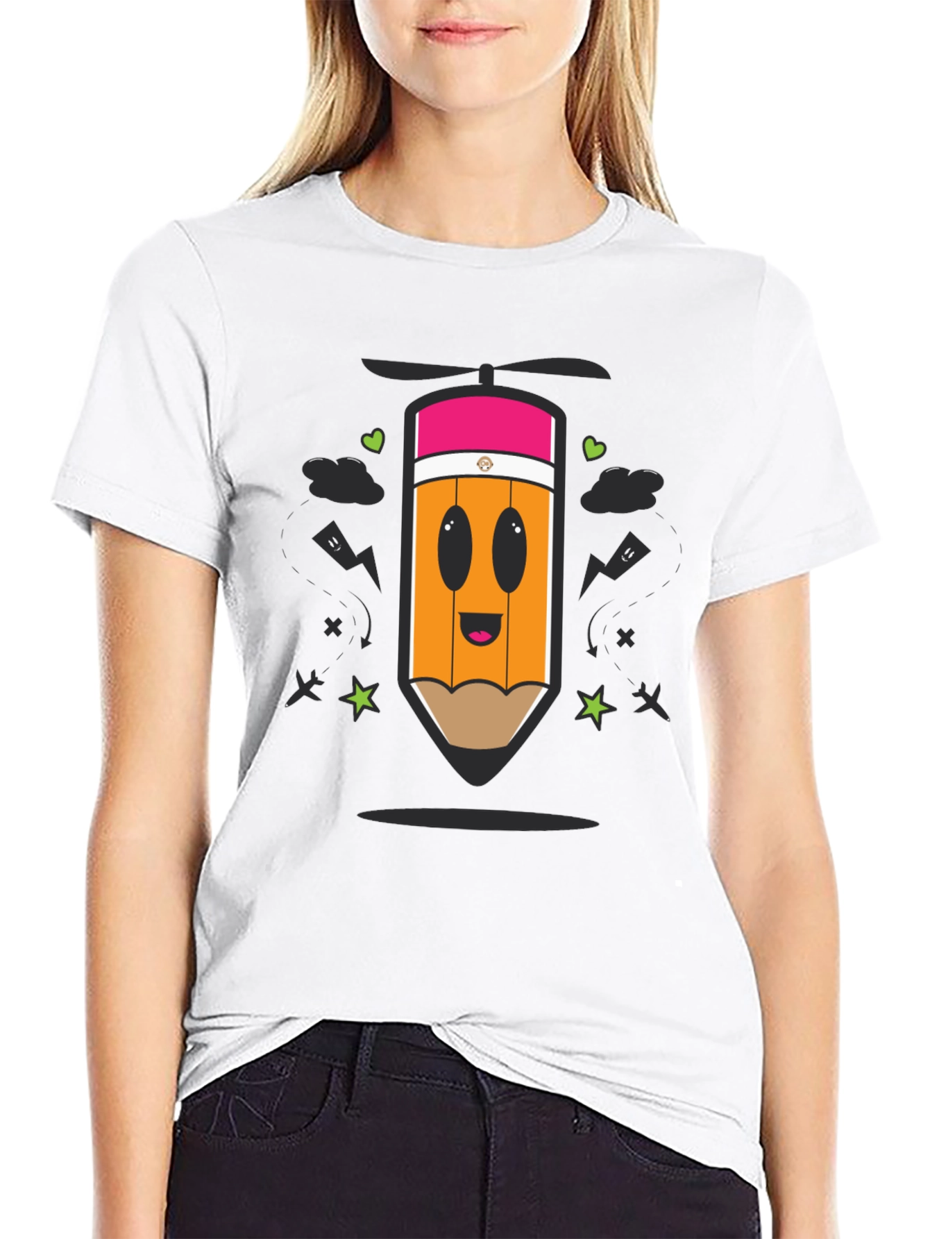 Cartoon Pencil Helicopter Graphic T-Shirt