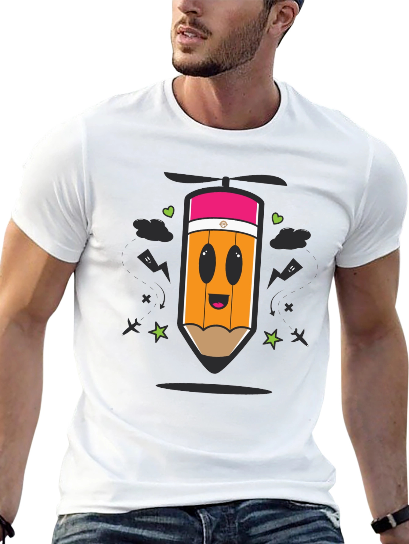 Cartoon Pencil Helicopter Graphic T-Shirt