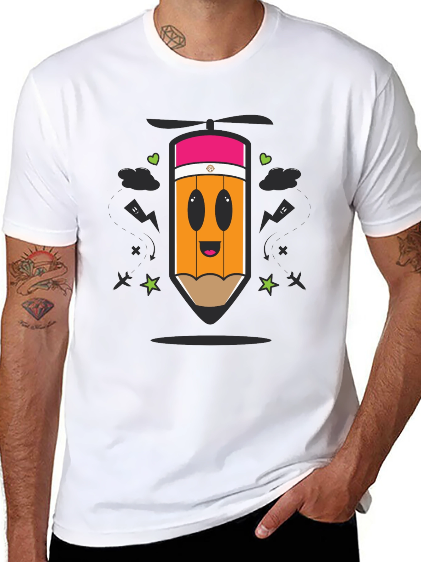 Cartoon Pencil Helicopter Graphic T-Shirt