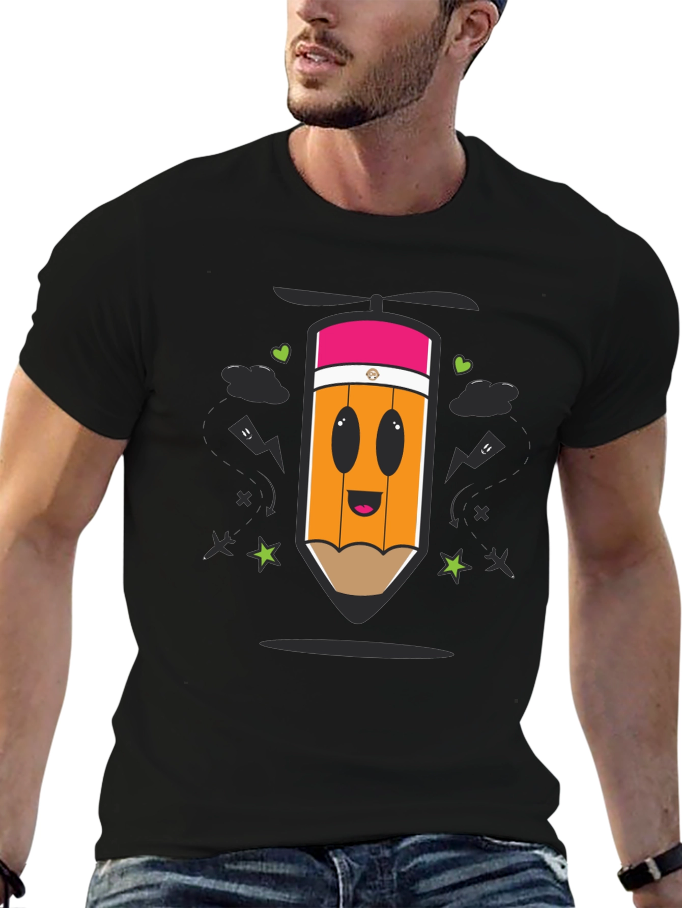 Cartoon Pencil Helicopter Graphic T-Shirt