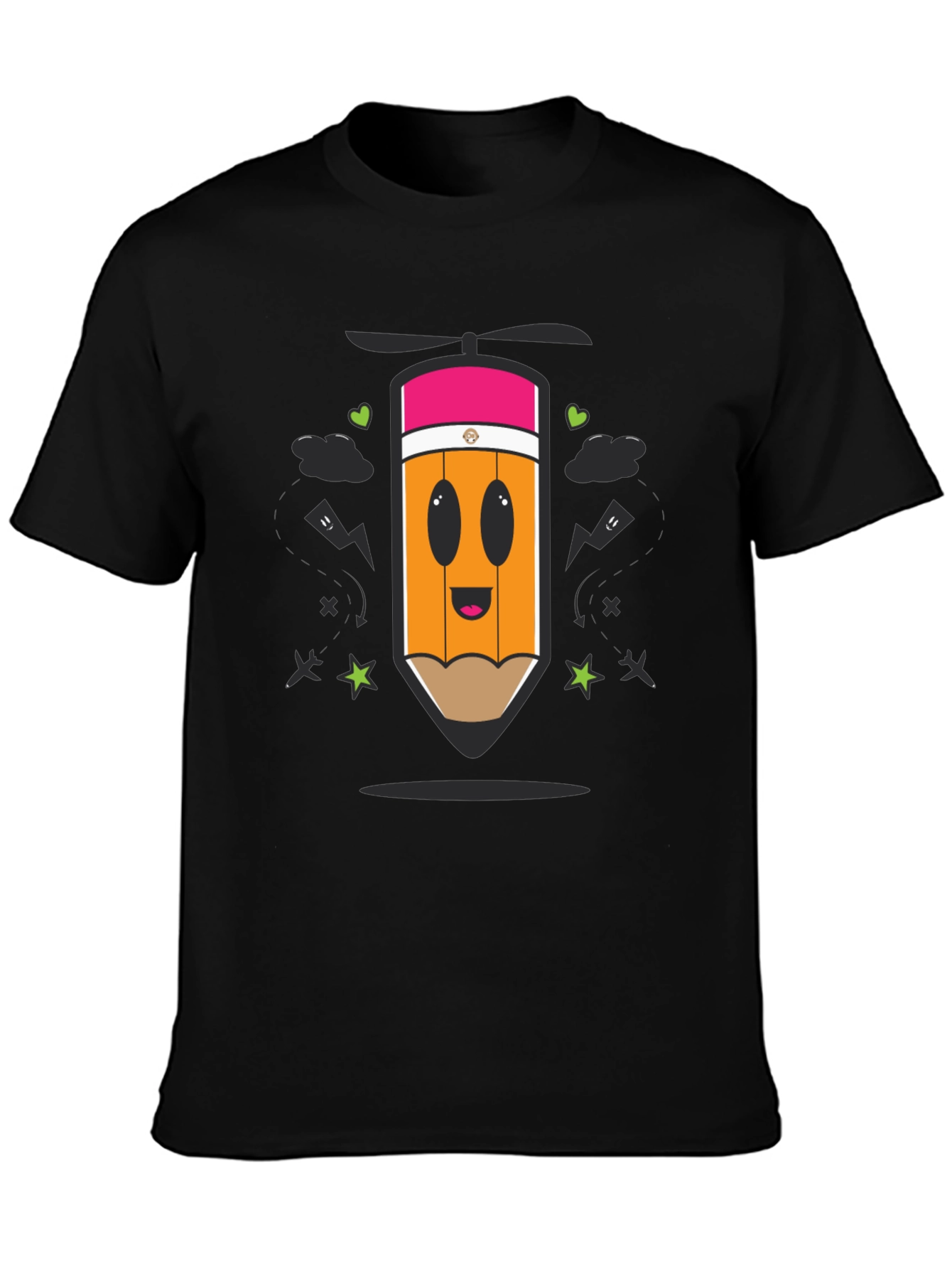 Cartoon Pencil Helicopter Graphic T-Shirt