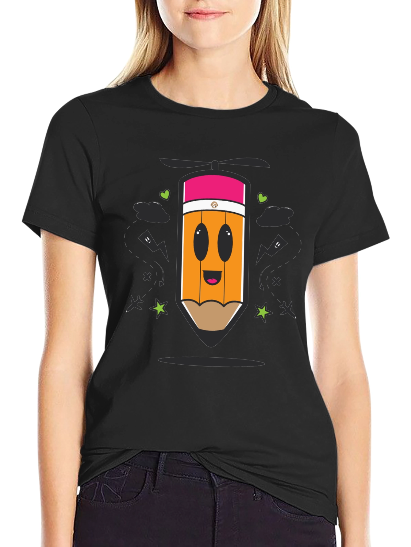 Cartoon Pencil Helicopter Graphic T-Shirt