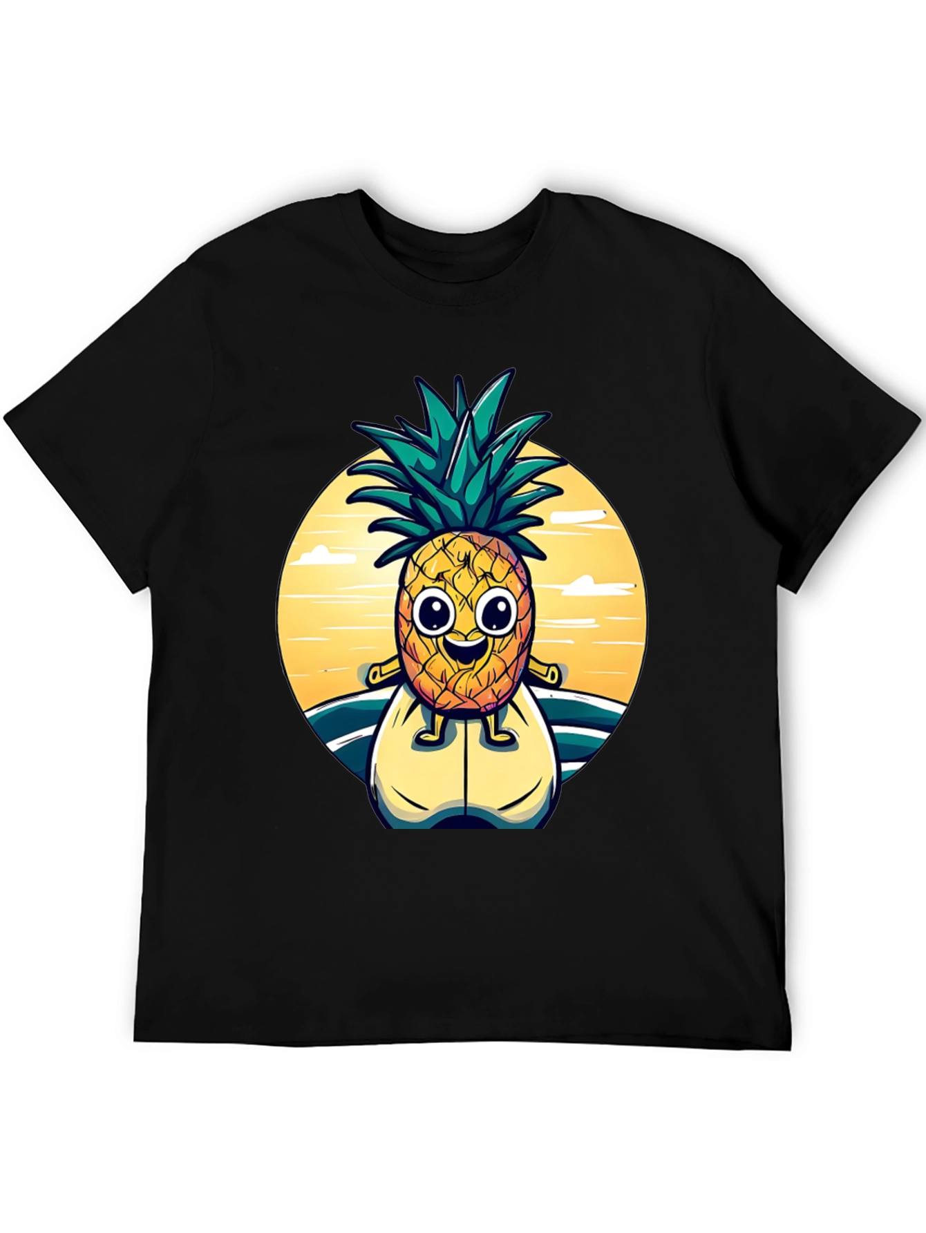 Surfing Pineapple Graphic Tee - Black Cotton T-Shirt