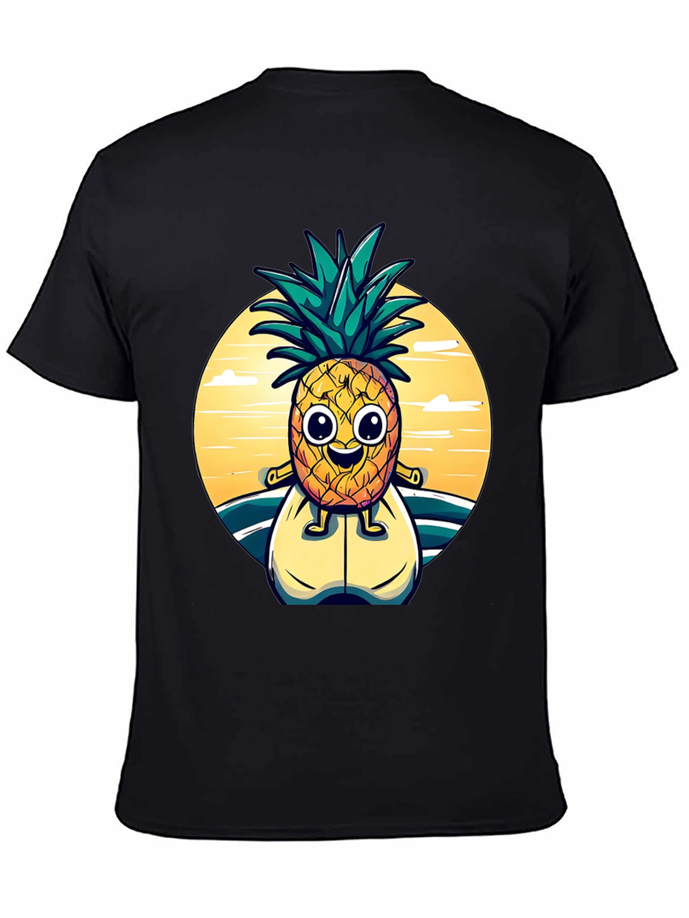 Surfing Pineapple Graphic Tee - Black Cotton T-Shirt