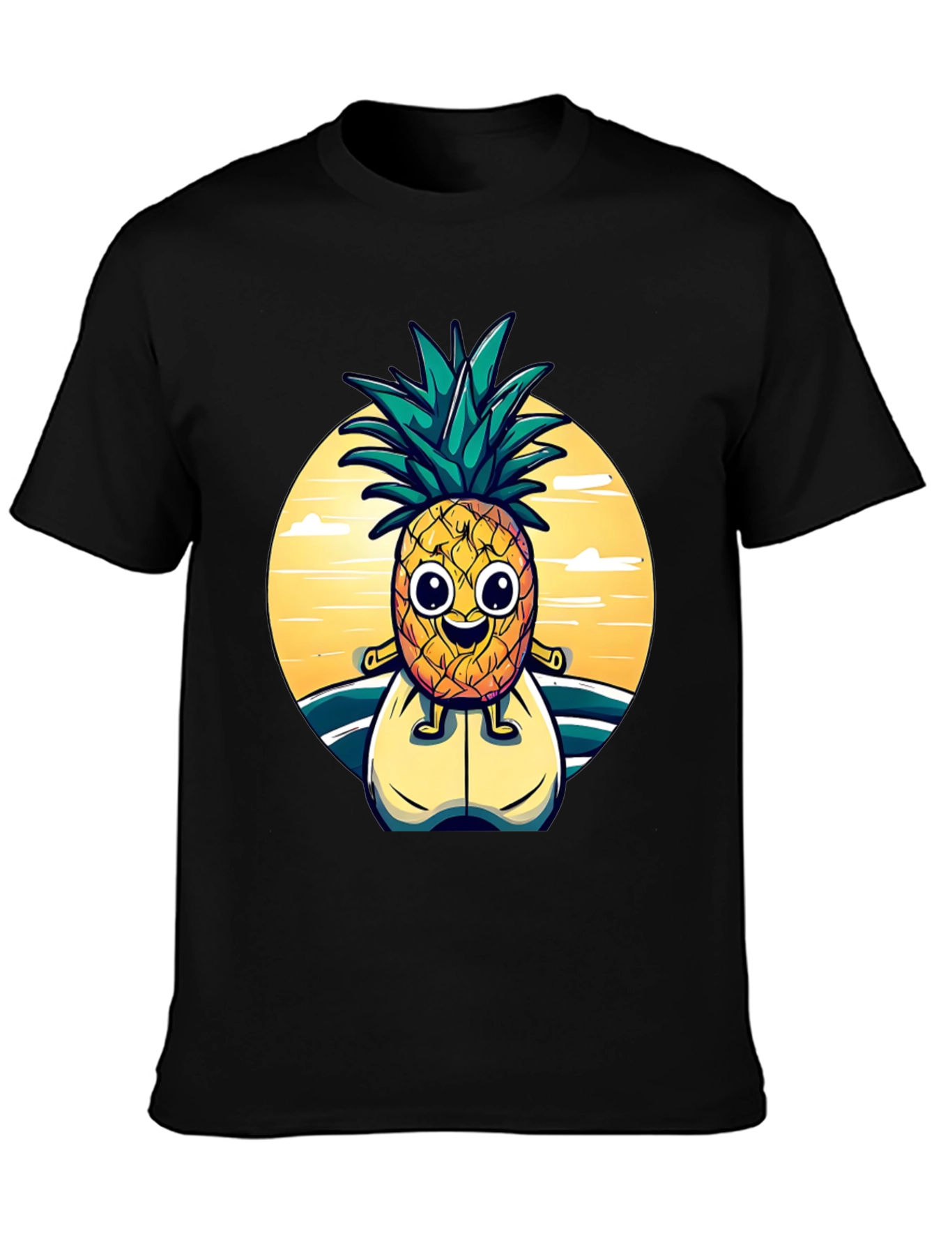 Surfing Pineapple Graphic Tee - Black Cotton T-Shirt