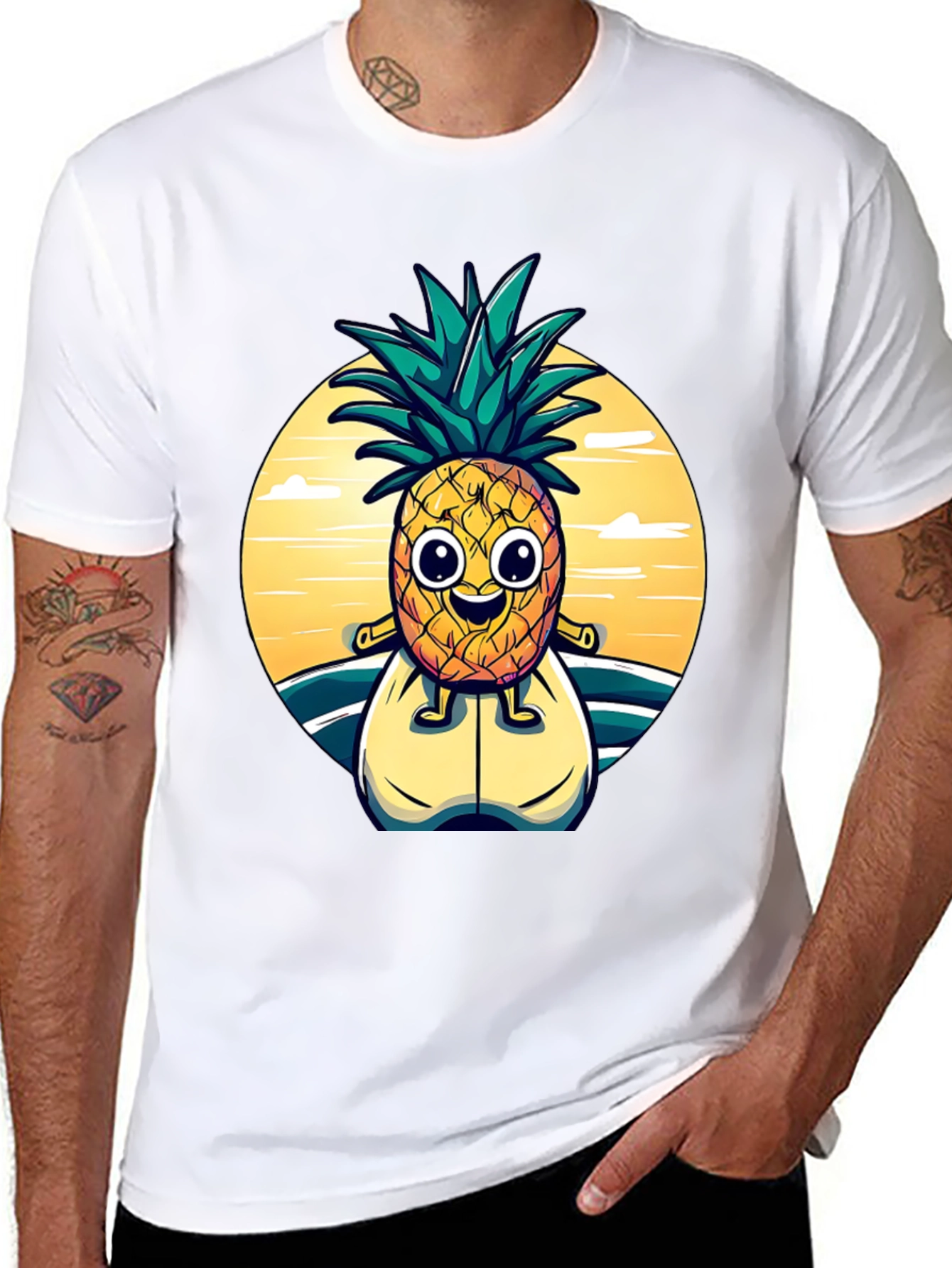 Surfing Pineapple Graphic Tee - Black Cotton T-Shirt