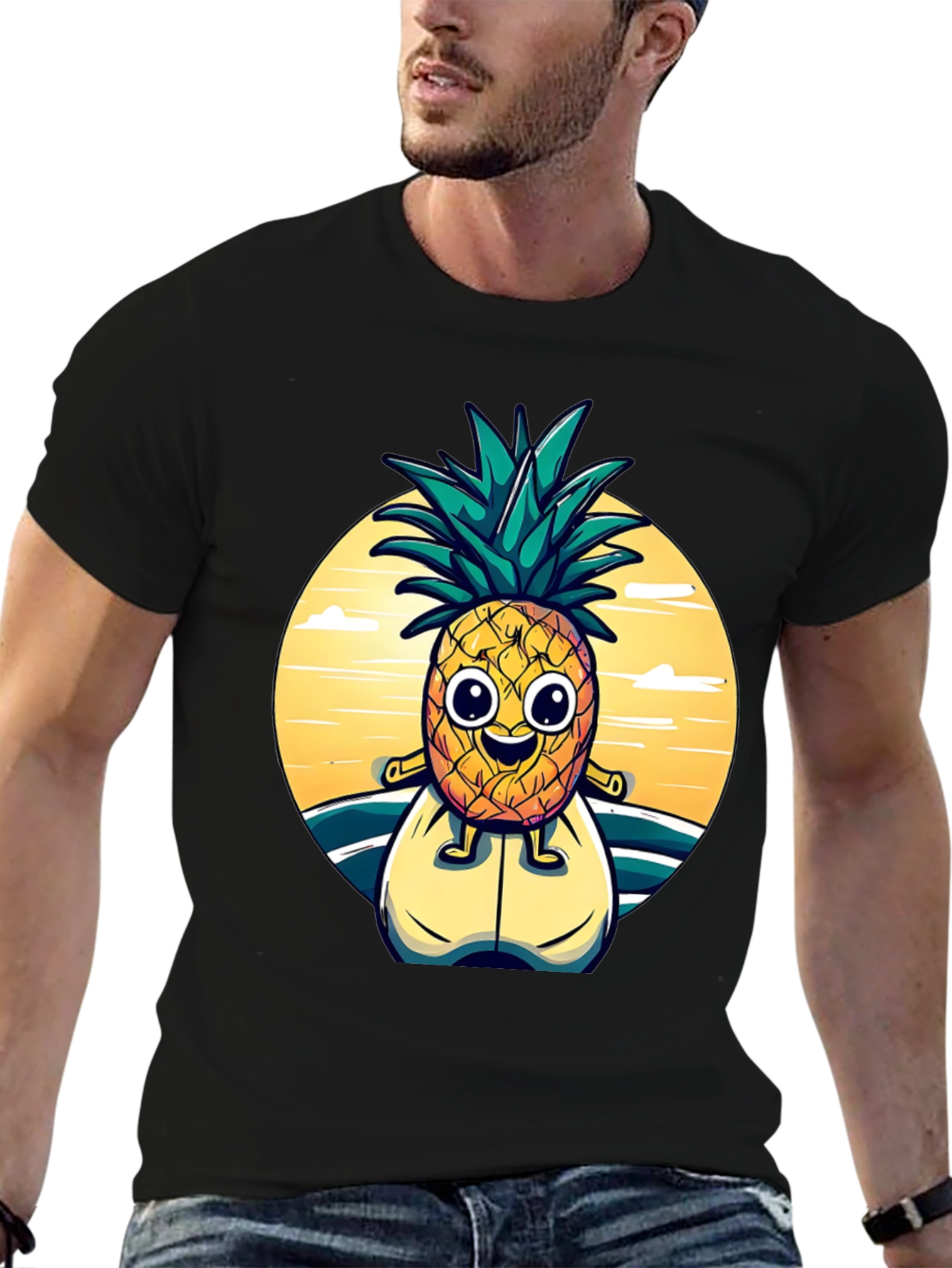 Surfing Pineapple Graphic Tee - Black Cotton T-Shirt