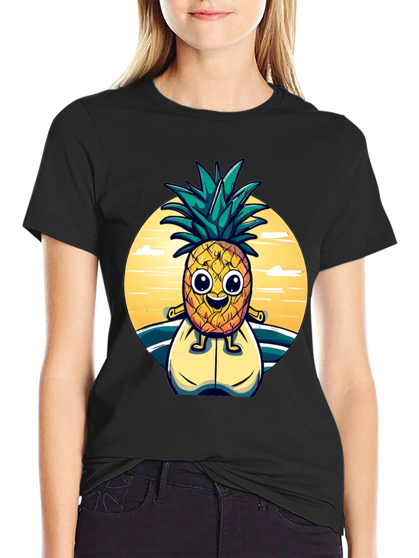 Surfing Pineapple Graphic Tee - Black Cotton T-Shirt