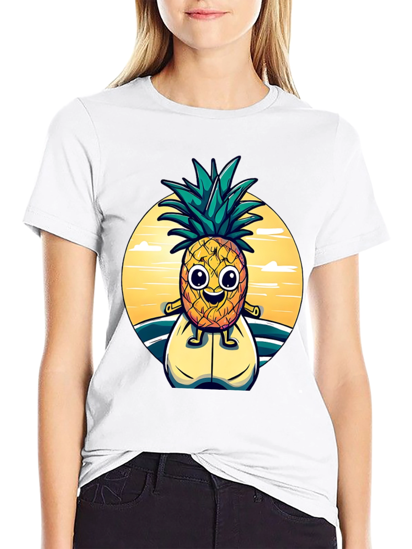 Surfing Pineapple Graphic Tee - Black Cotton T-Shirt
