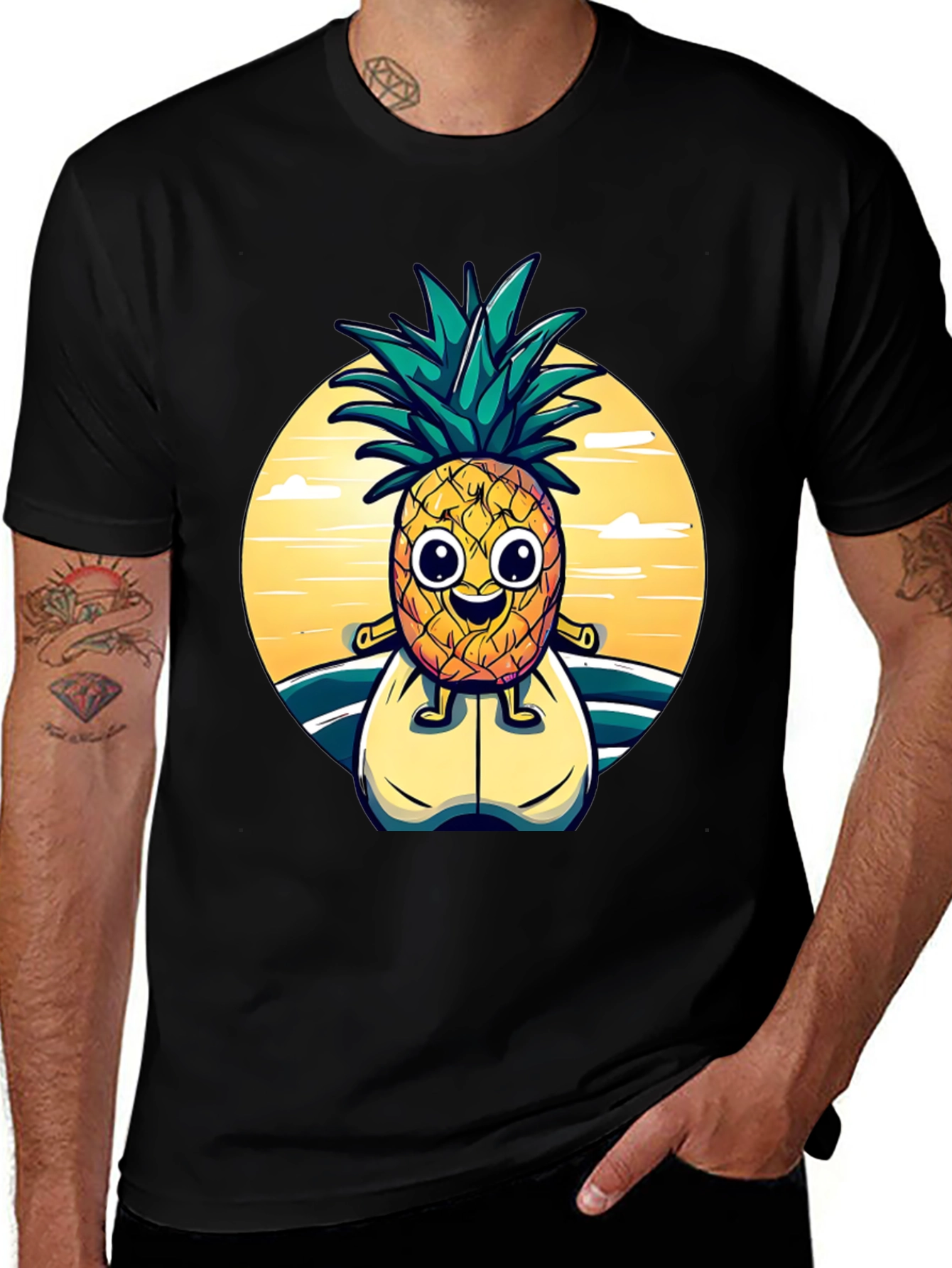 Surfing Pineapple Graphic Tee - Black Cotton T-Shirt