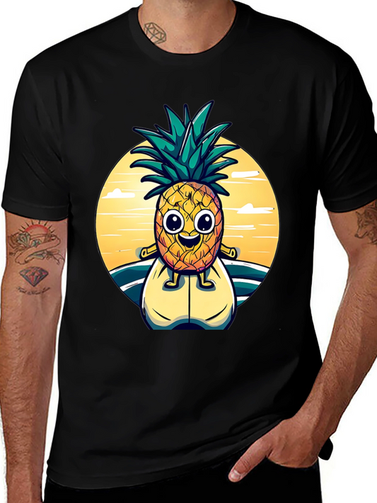 Surfing Pineapple Graphic Tee - Black Cotton T-Shirt