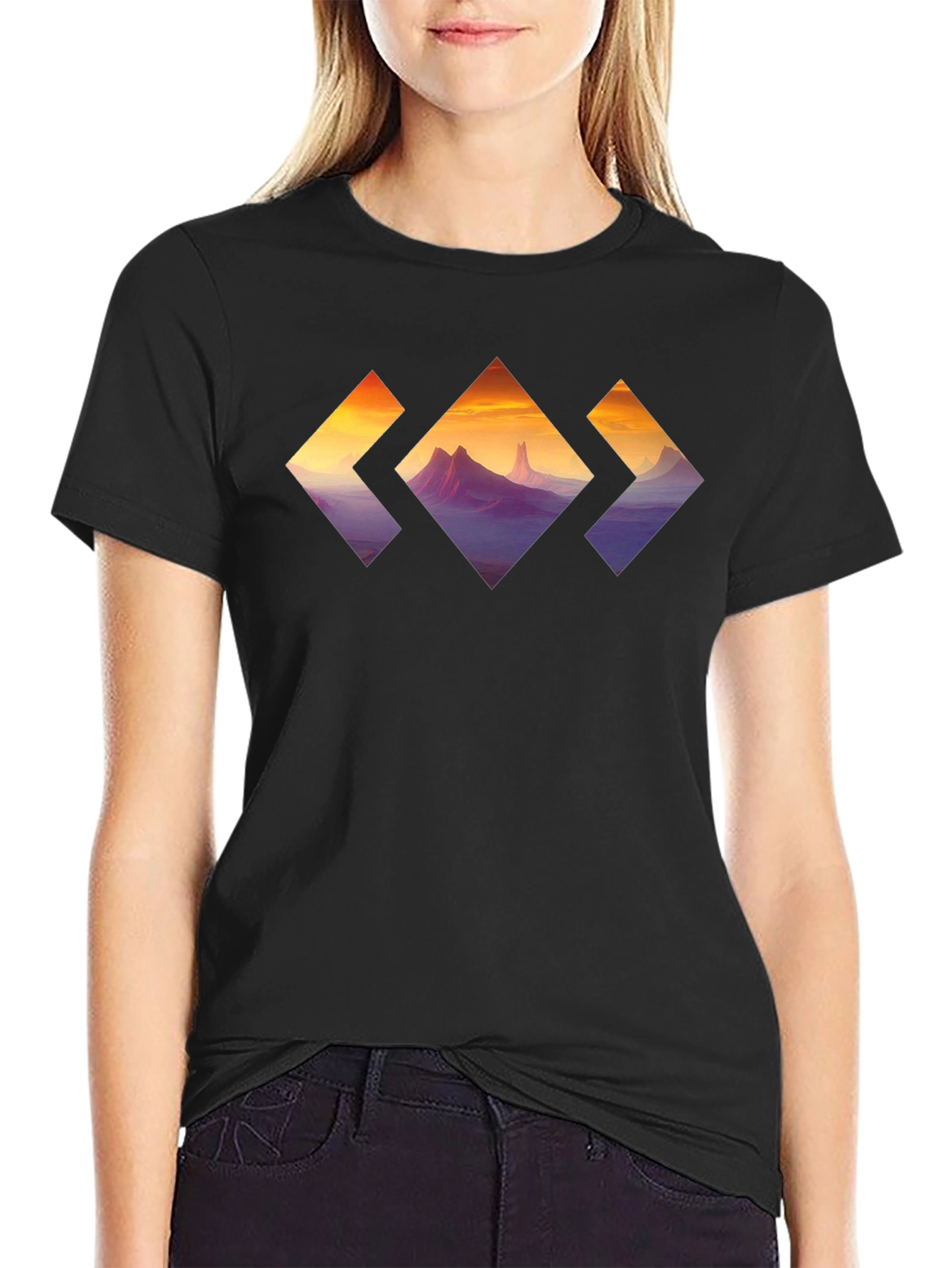 Mountain Sunset Diamond Graphic Tee - Stylish Black T-Shirt