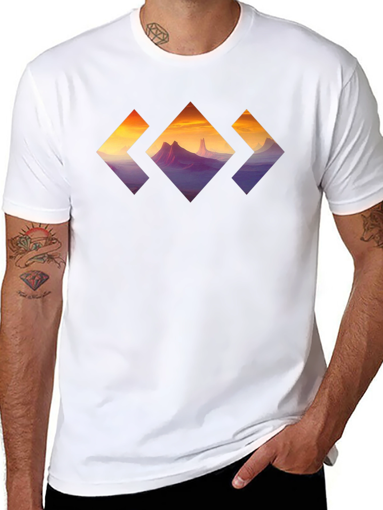 Mountain Sunset Diamond Graphic Tee - Stylish Black T-Shirt