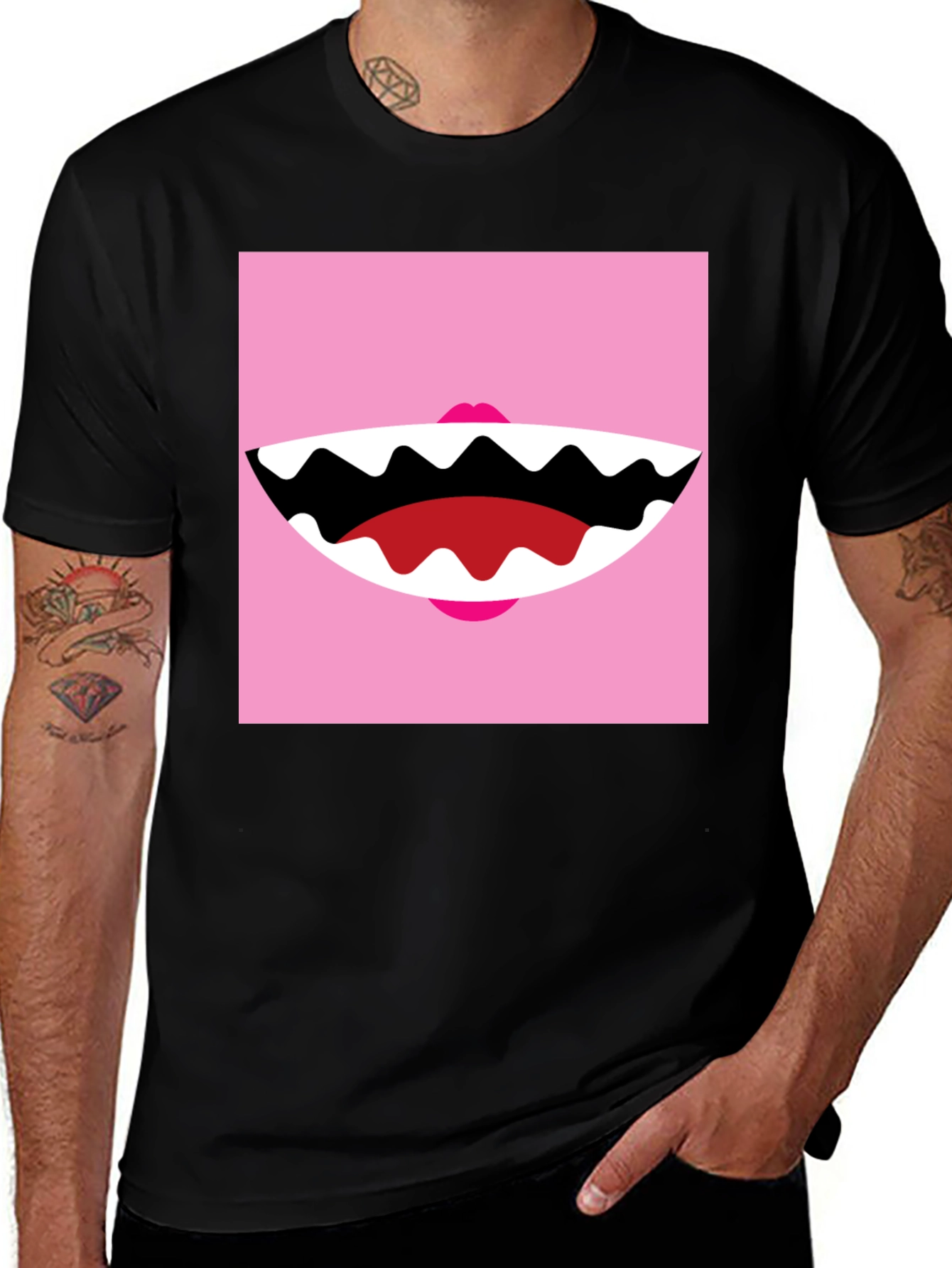Funny Monster Mouth Graphic Tee - Black Cotton T-Shirt
