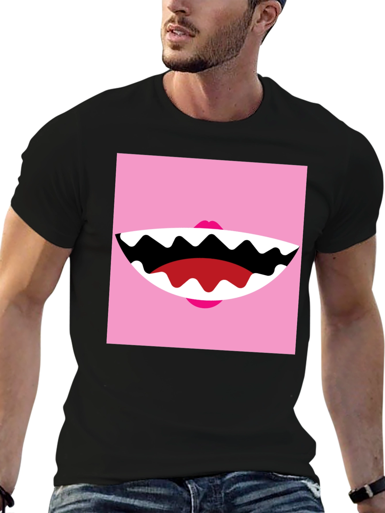 Funny Monster Mouth Graphic Tee - Black Cotton T-Shirt