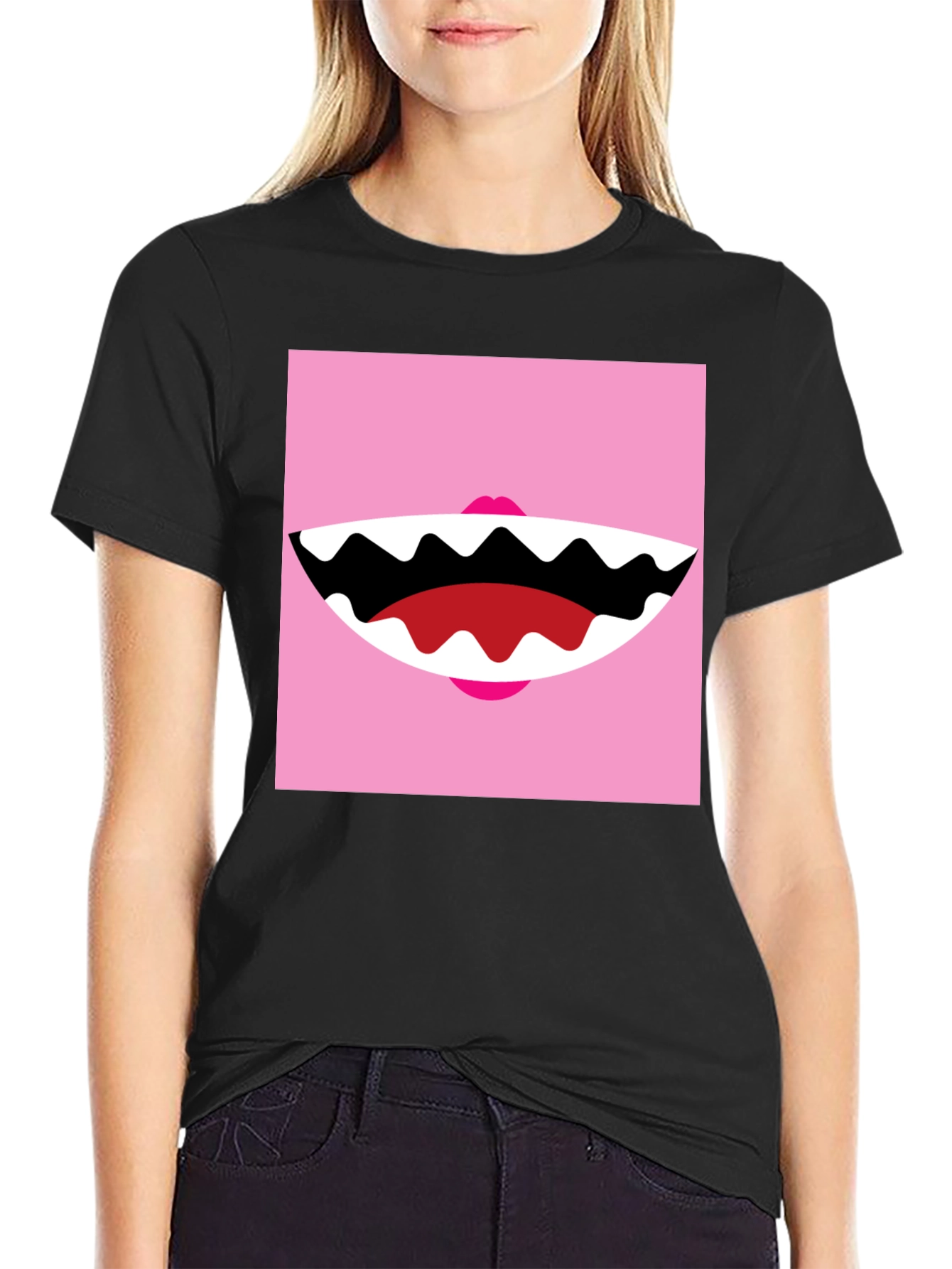 Funny Monster Mouth Graphic Tee - Black Cotton T-Shirt