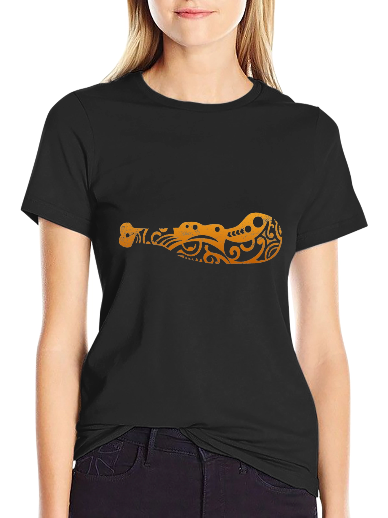 Tribal Crocodile Design Black T-Shirt