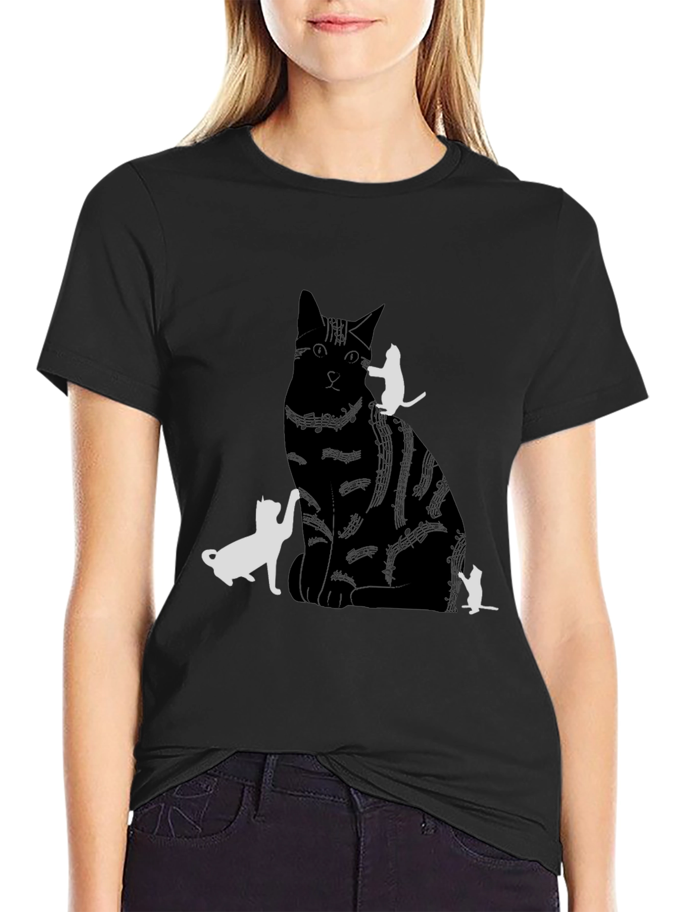 Cat Silhouette Graphic Tee - Black
