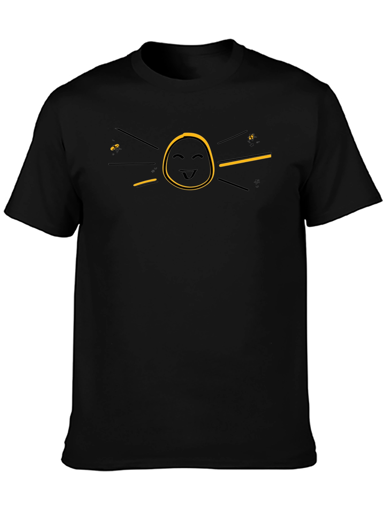 Funny Graphic Black T-Shirt - Smiley Face Sun Design