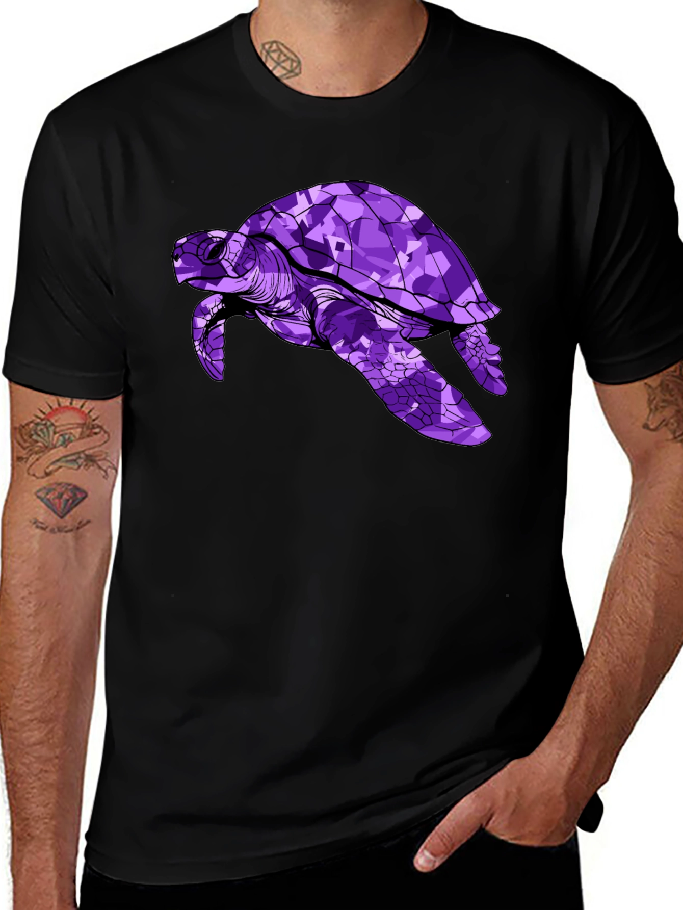 Purple Turtle Graphic Tee - Stylish Mens Black T-Shirt