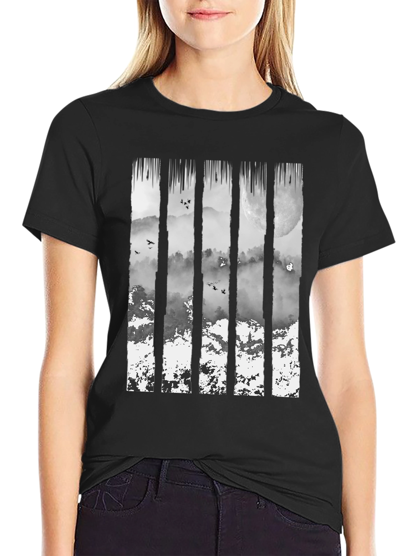 Nature Mountain Graphic Print Black T-Shirt