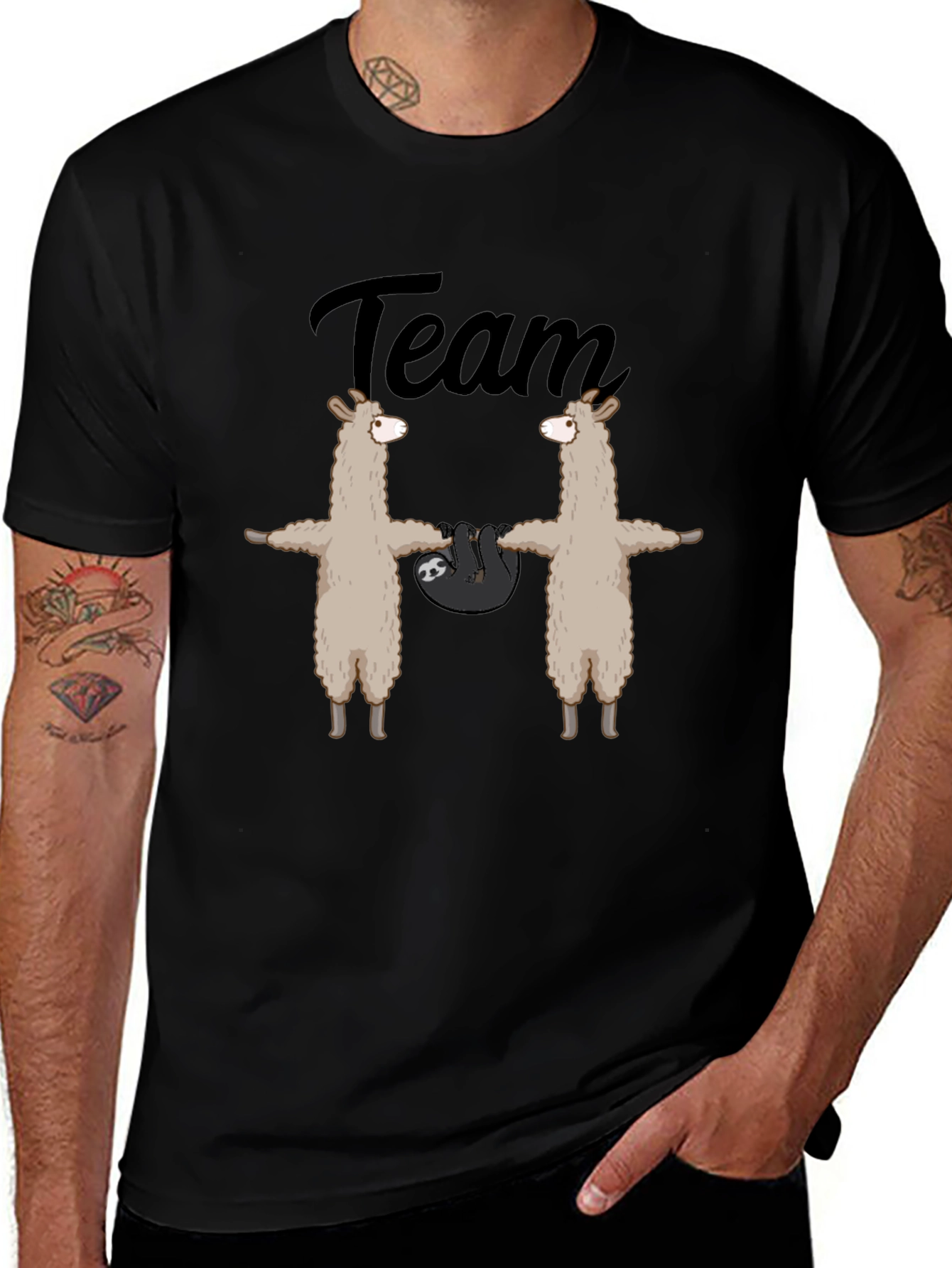 Team Llama Sloth T-Shirt - Black Crew Neck Tee
