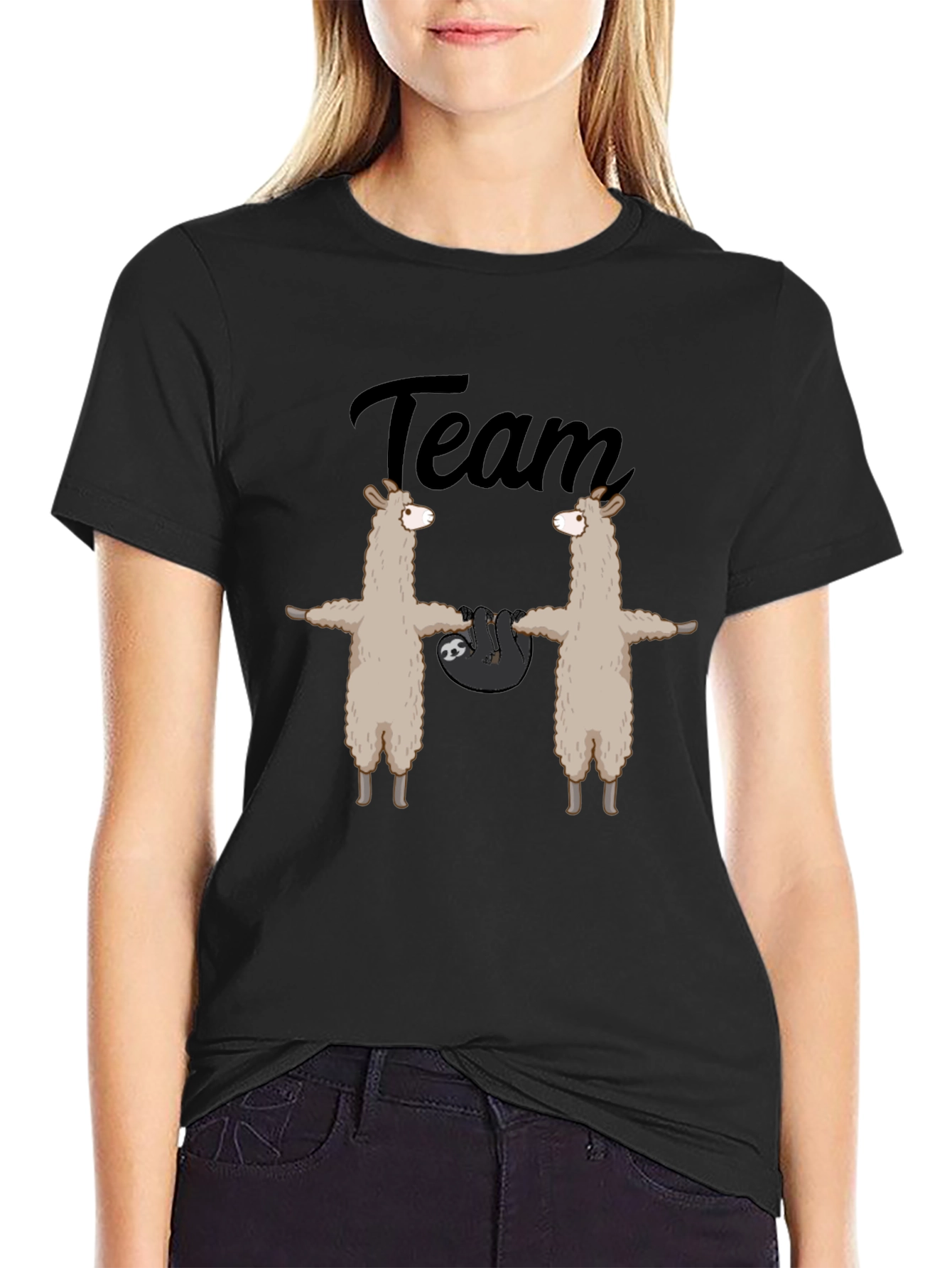 Team Llama Sloth T-Shirt - Black Crew Neck Tee