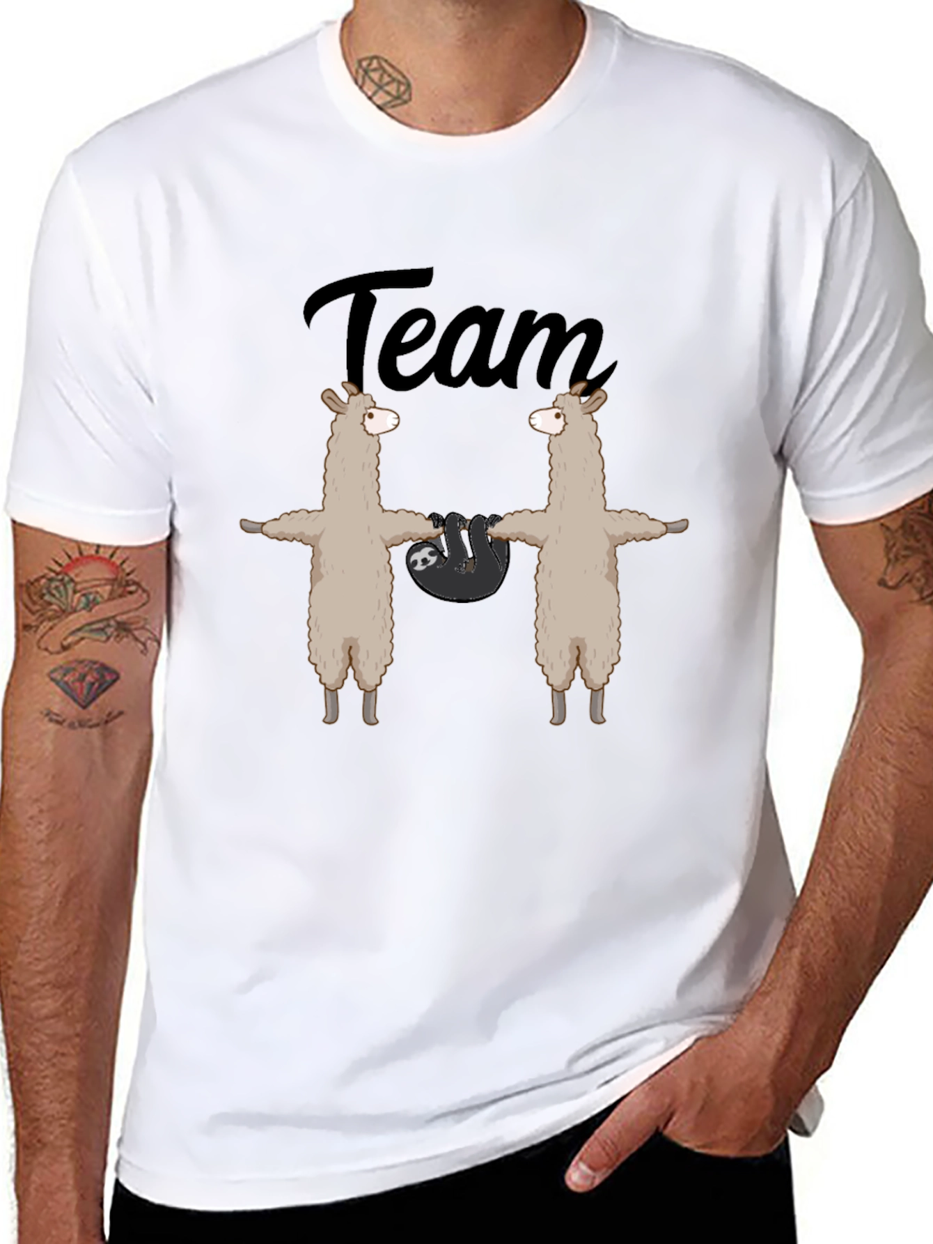 Team Llama Sloth T-Shirt - Black Crew Neck Tee