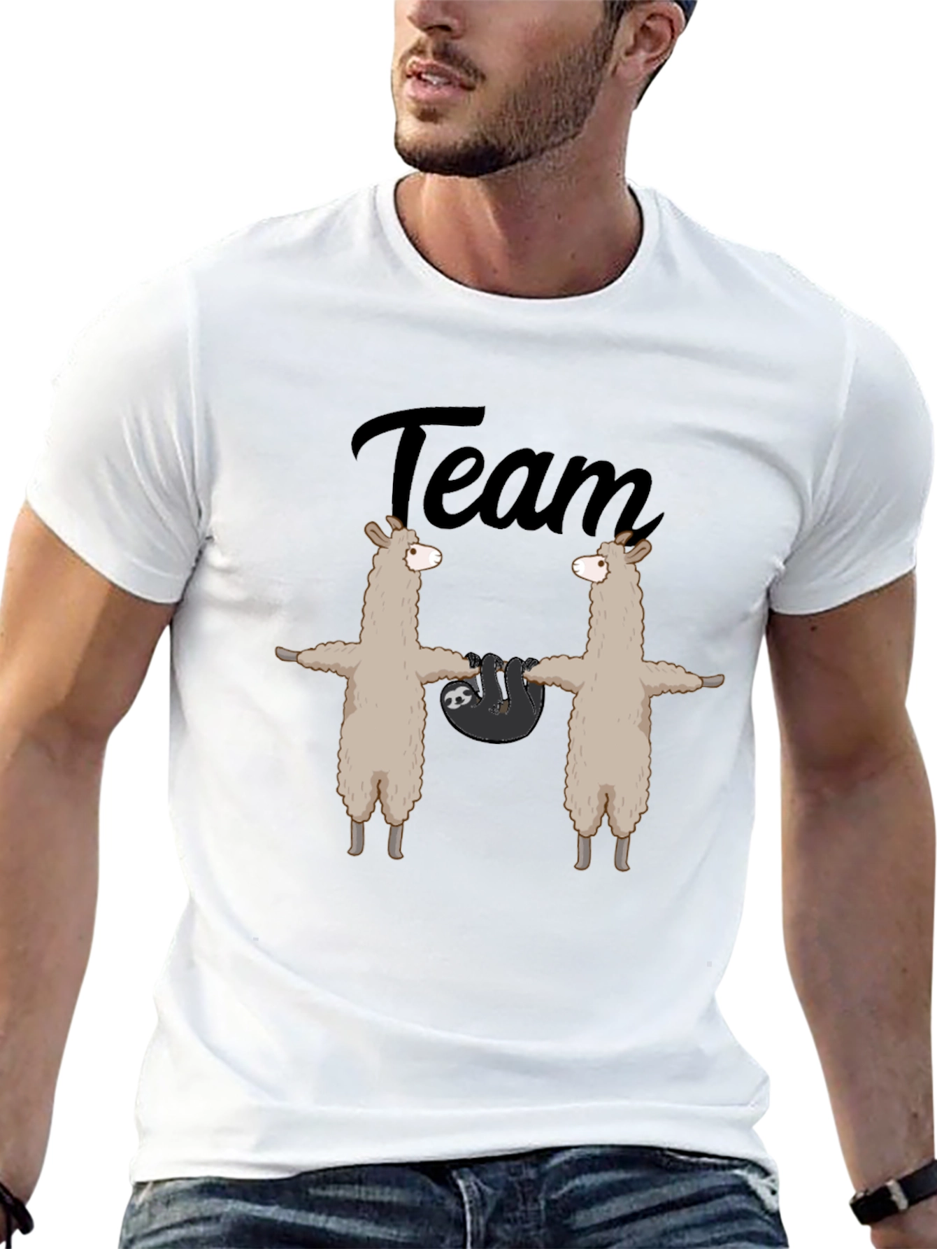 Team Llama Sloth T-Shirt - Black Crew Neck Tee