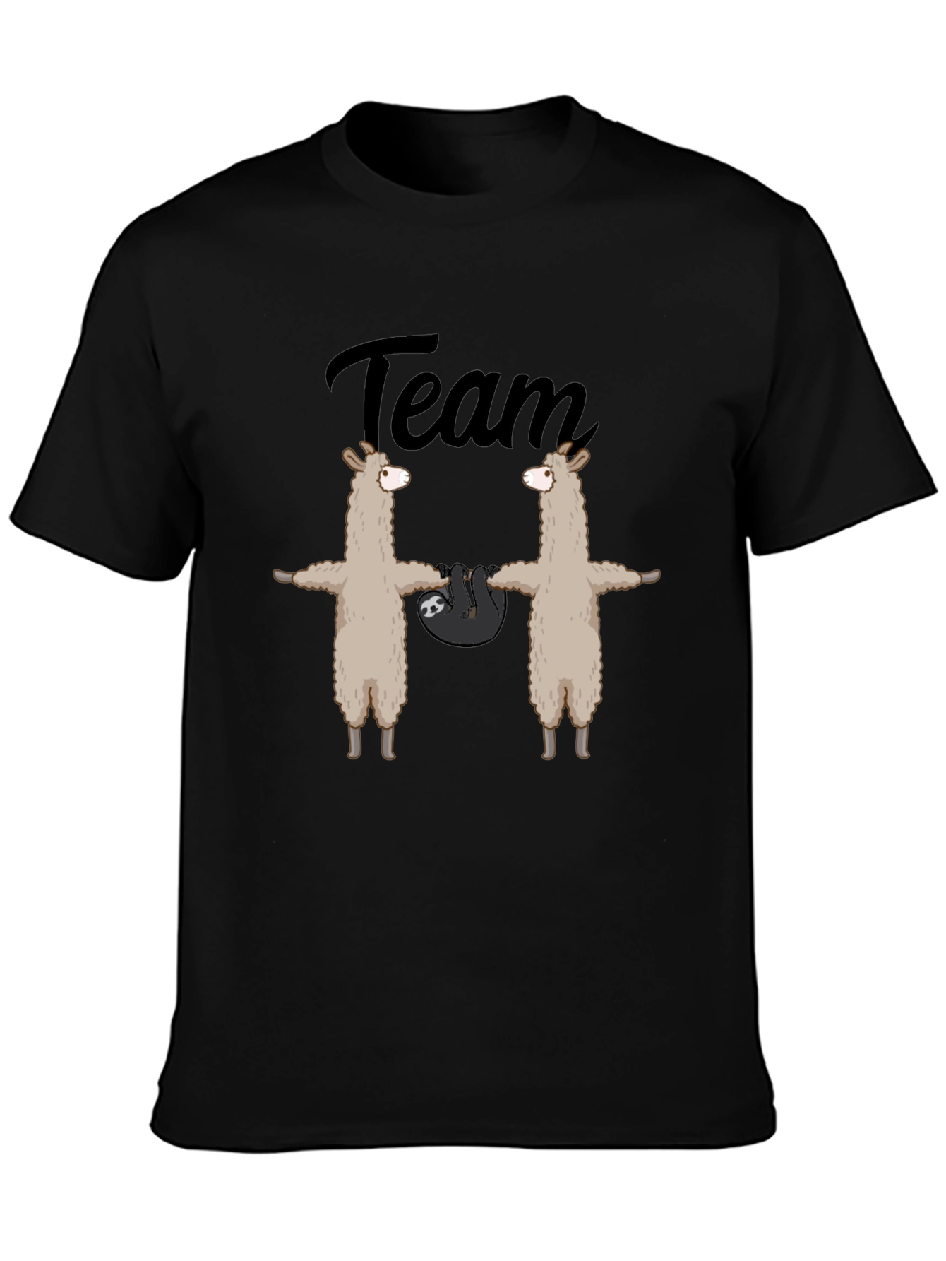 Team Llama Sloth T-Shirt - Black Crew Neck Tee