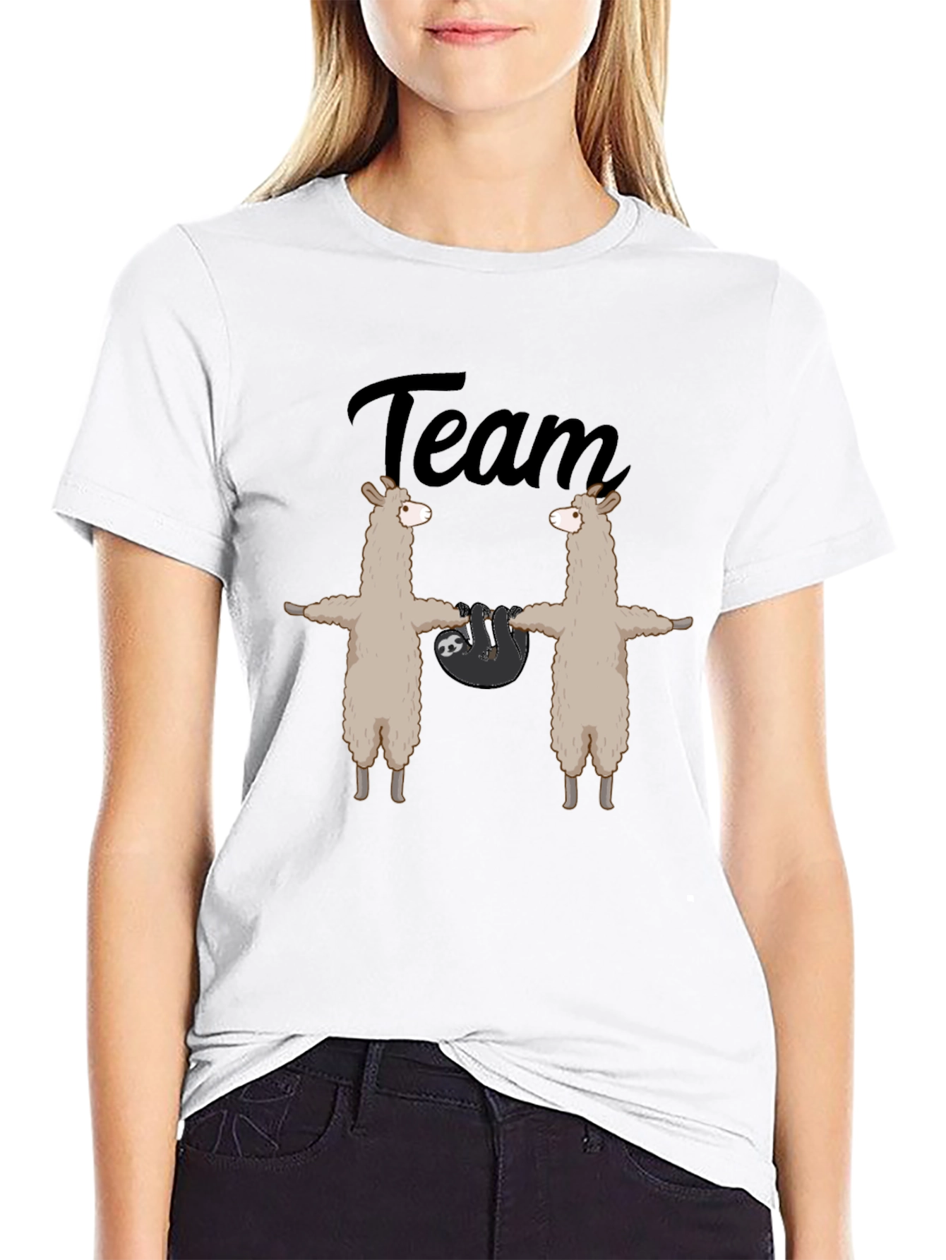Team Llama Sloth T-Shirt - Black Crew Neck Tee
