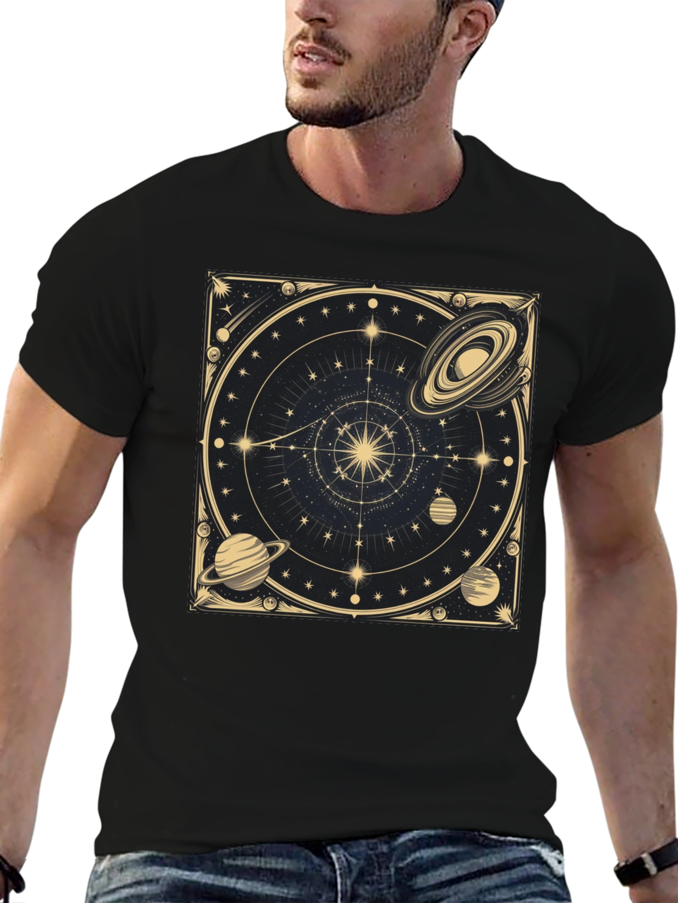 Cosmic Celestial Design Black T-Shirt