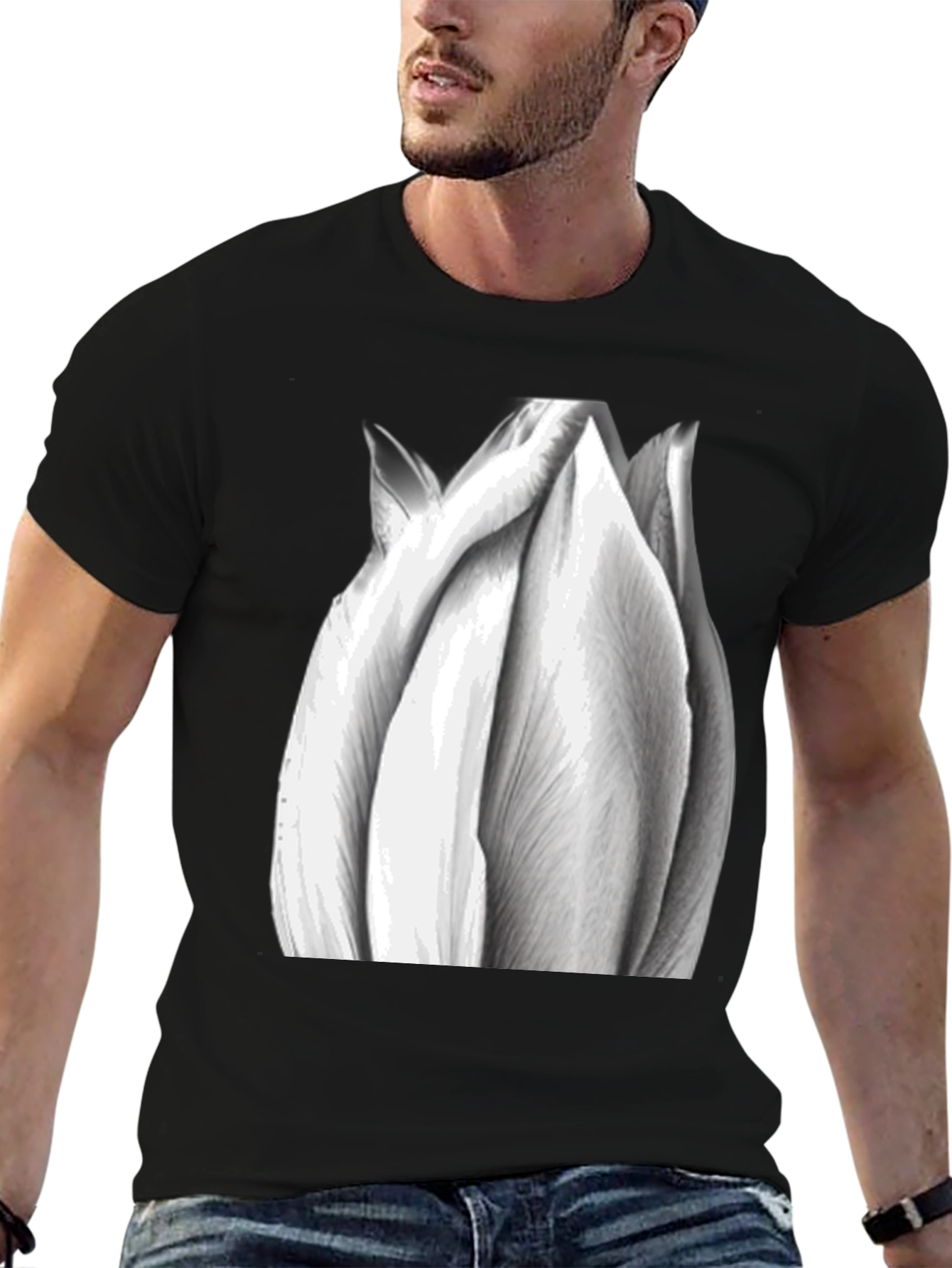 Monochrome Tulip Graphic Tee - Stylish Black T-Shirt