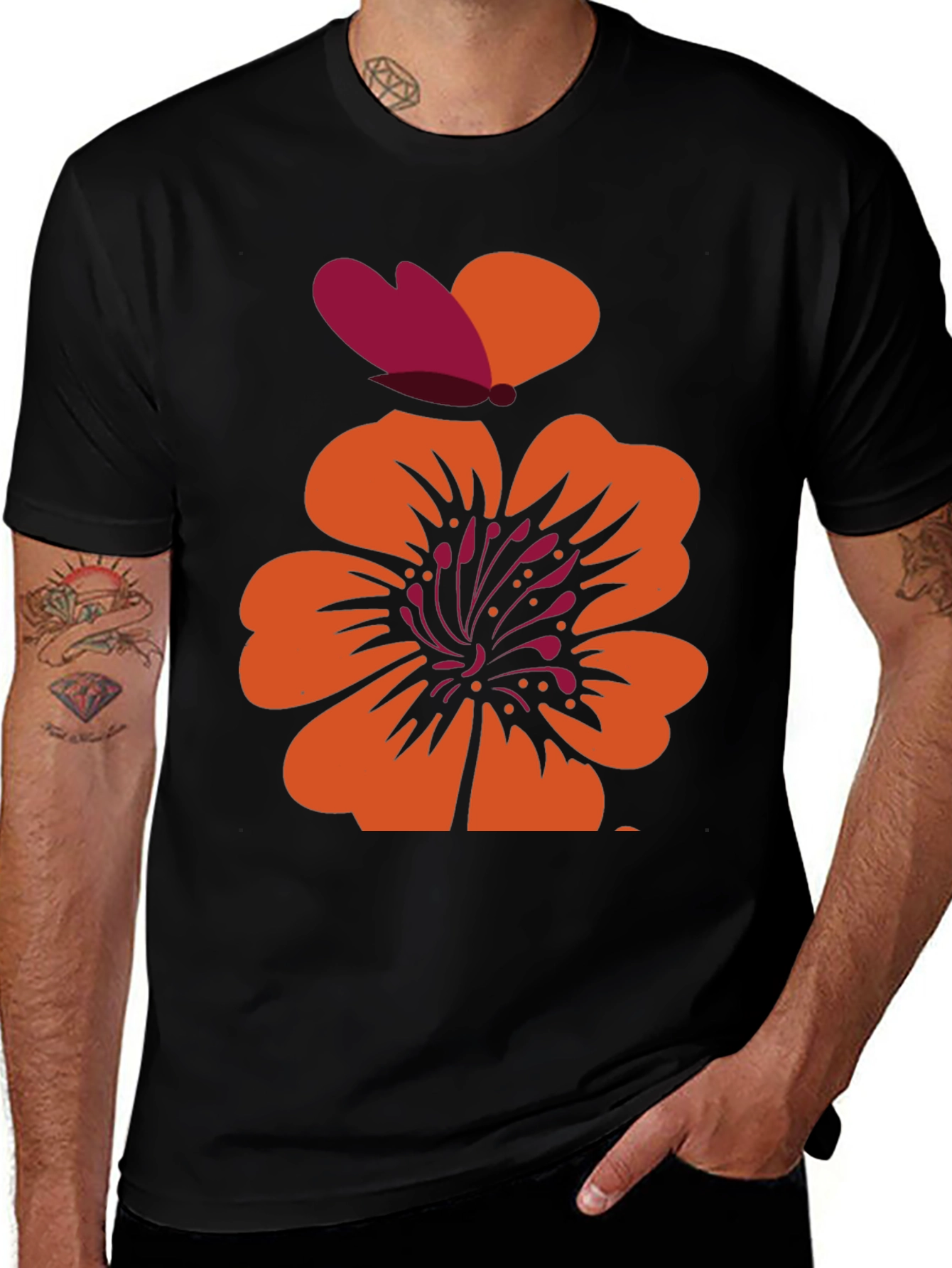 Floral Butterfly Graphic Black T-Shirt