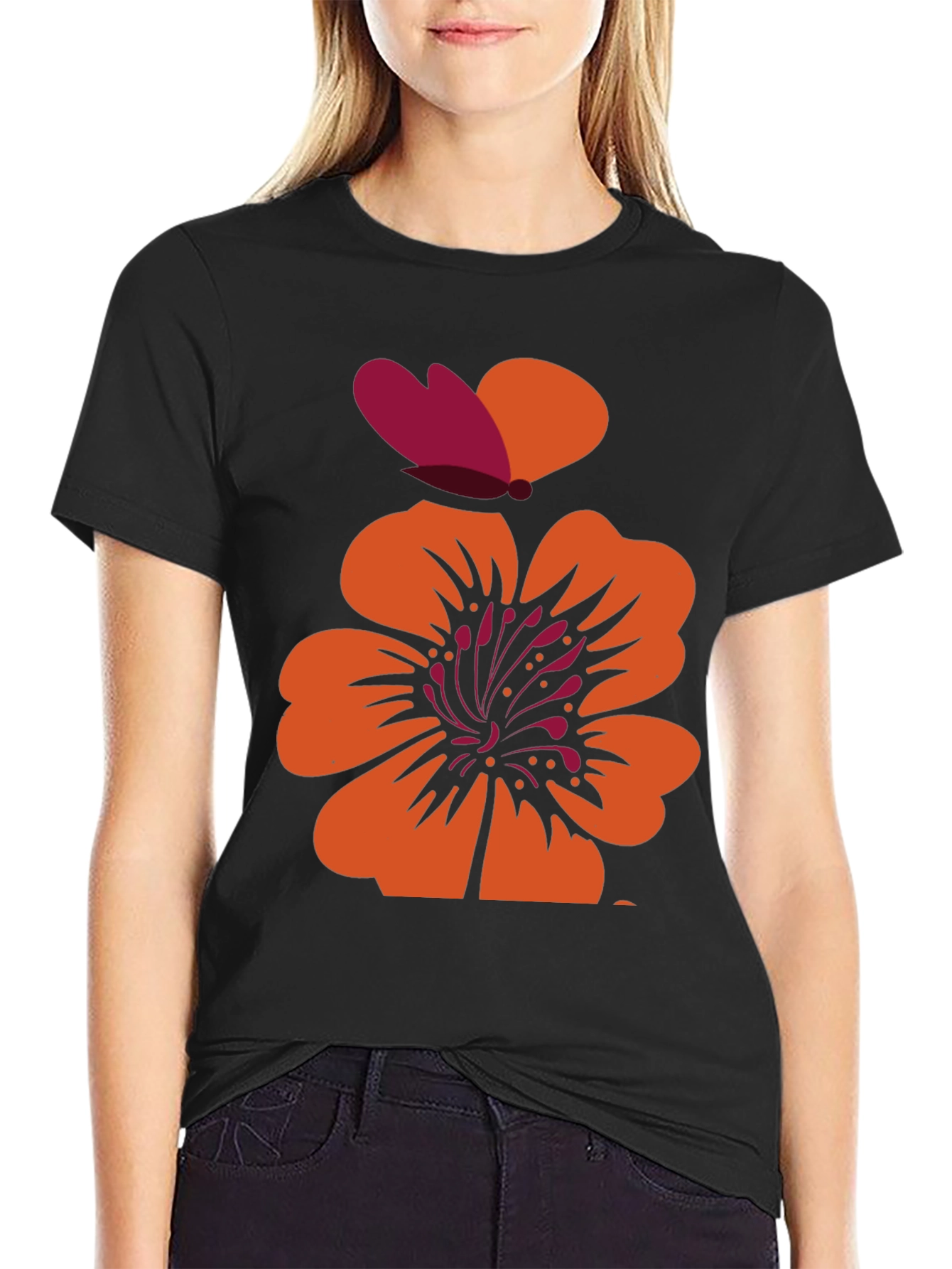 Floral Butterfly Graphic Black T-Shirt