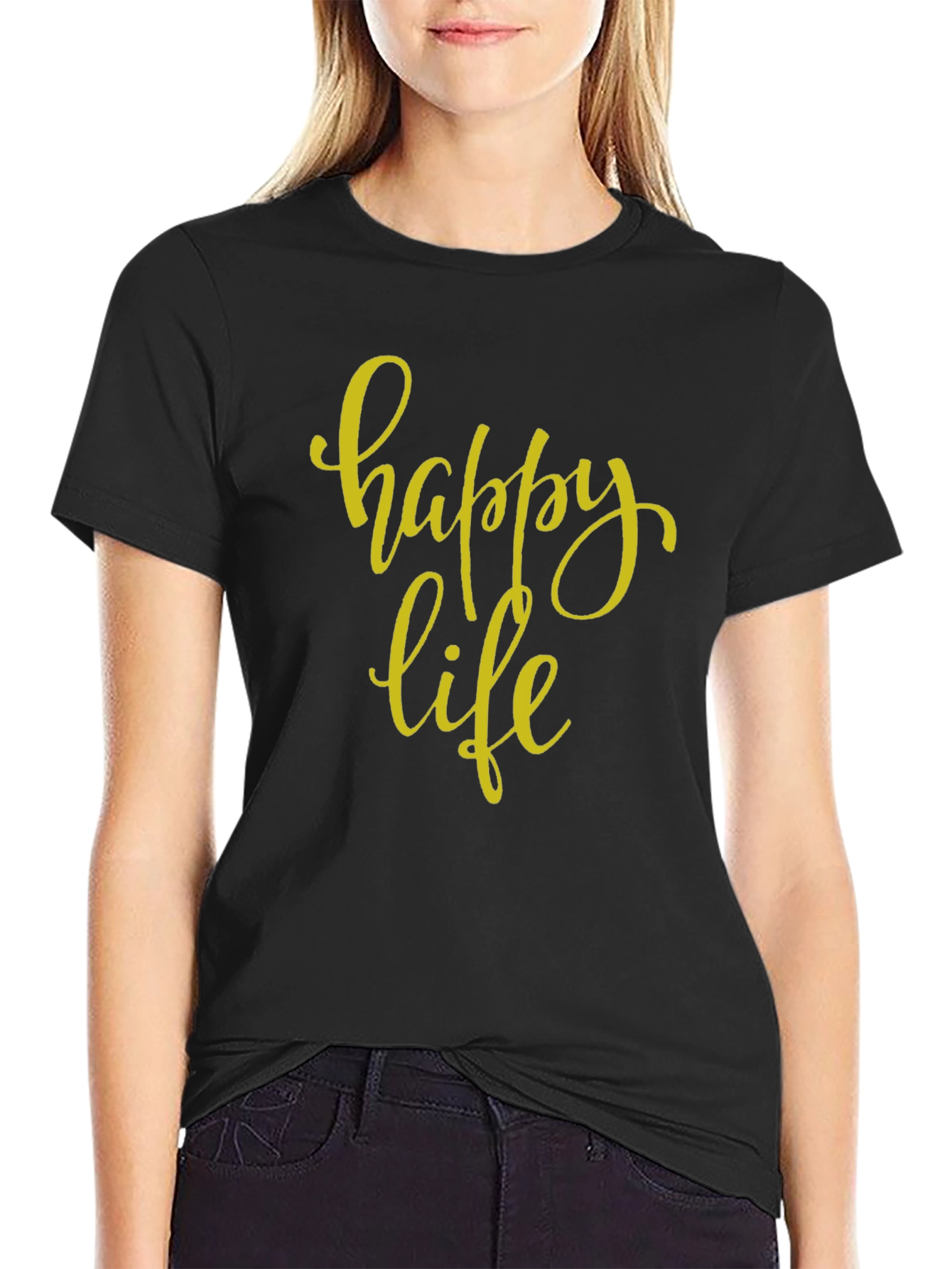 Happy Life Black Graphic T-Shirt