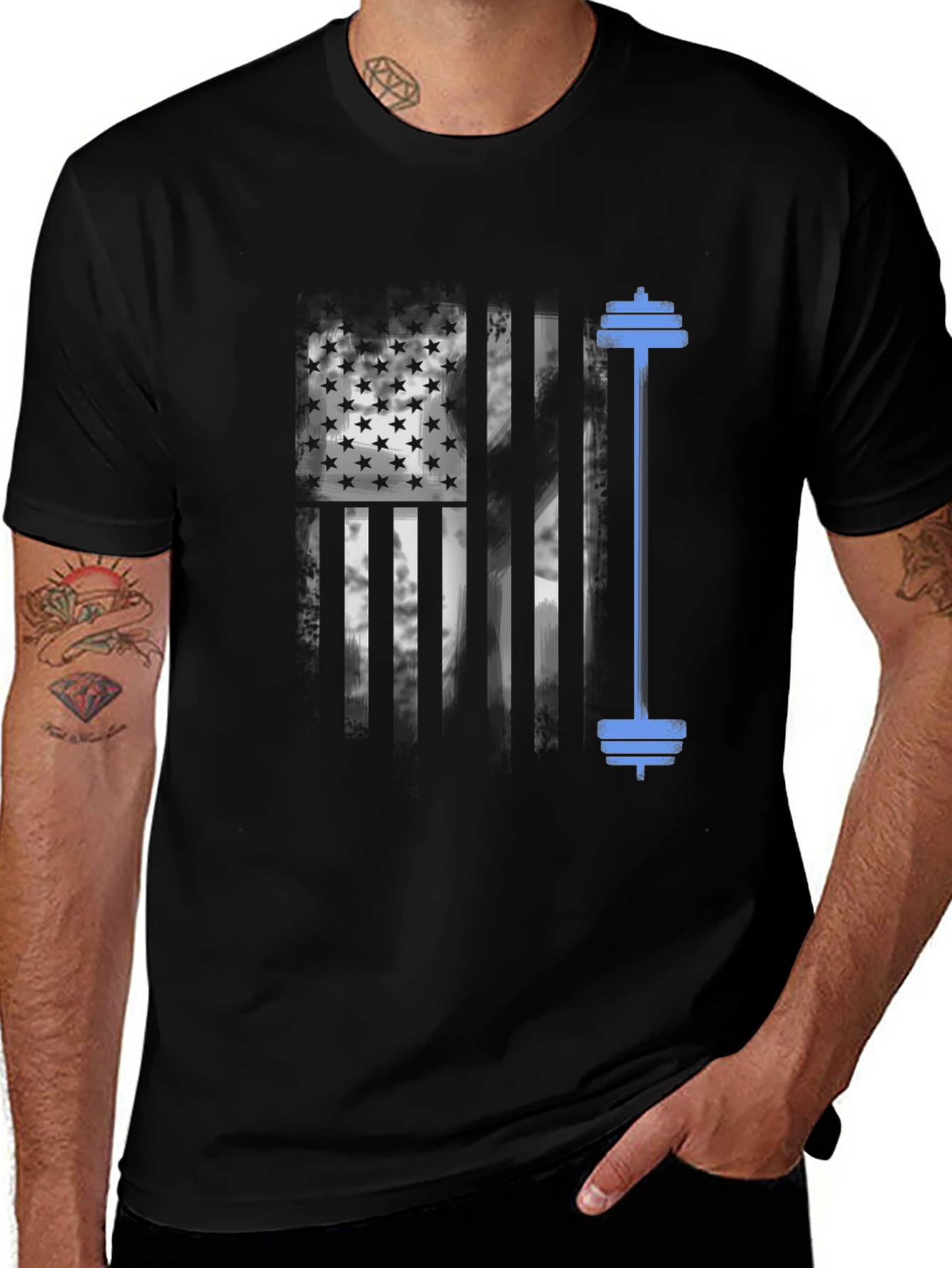Patriotic Fitness T-Shirt - American Flag Barbell Design
