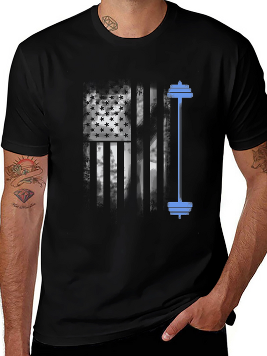 Patriotic Fitness T-Shirt - American Flag Barbell Design