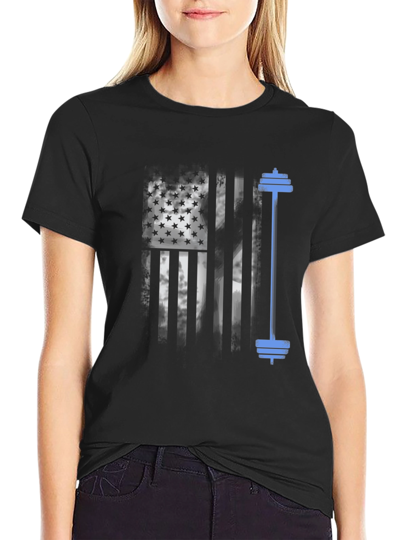 Patriotic Fitness T-Shirt - American Flag Barbell Design