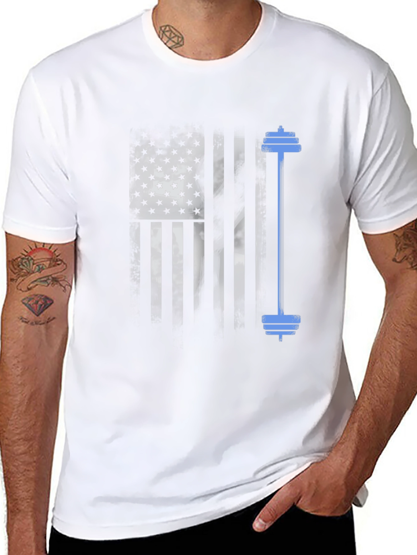 Patriotic Fitness T-Shirt - American Flag Barbell Design