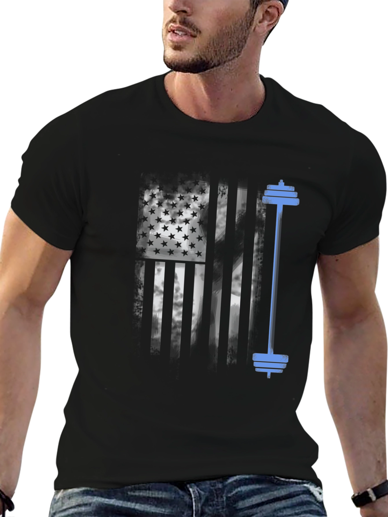 Patriotic Fitness T-Shirt - American Flag Barbell Design