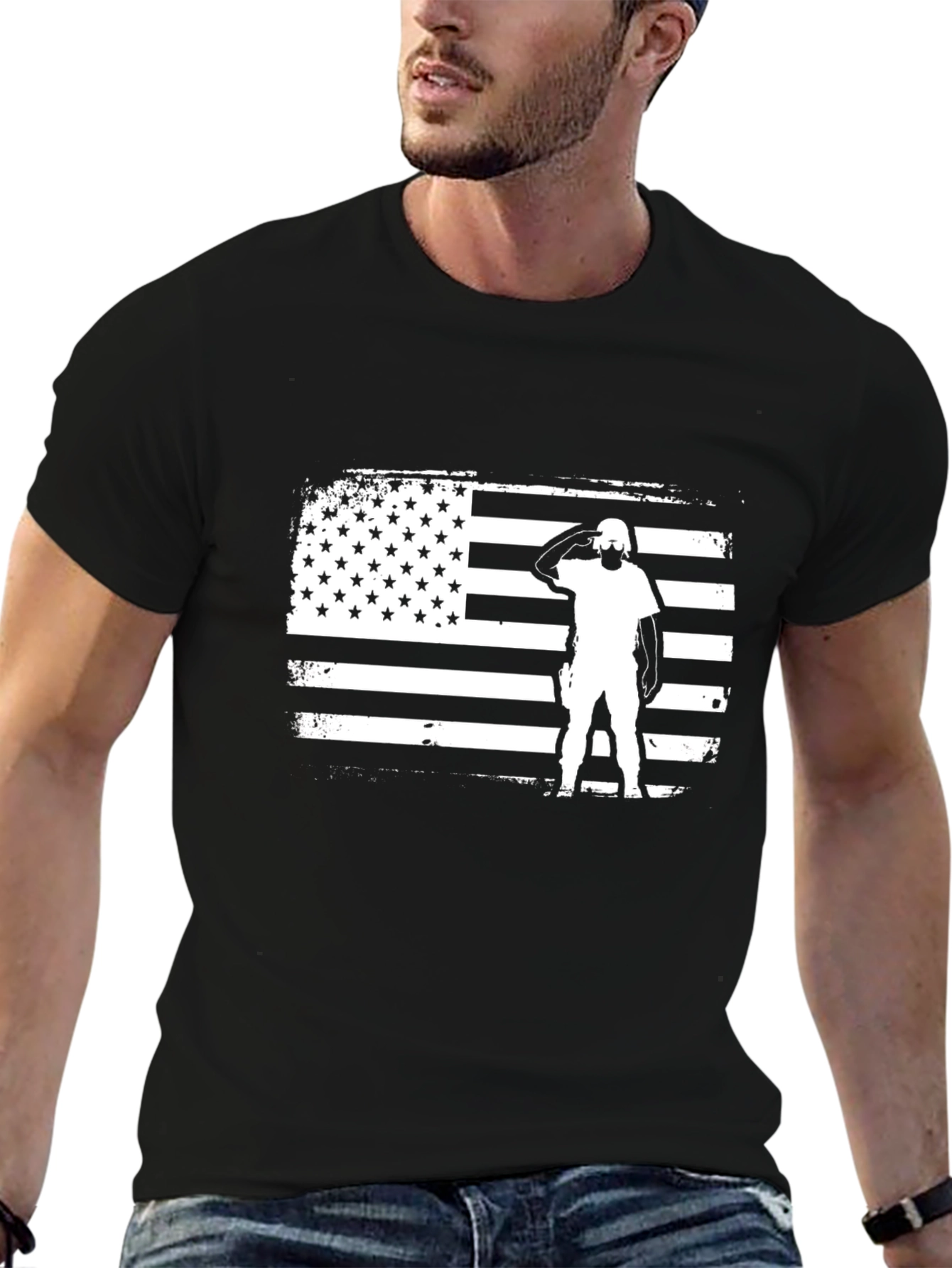 Patriotic American Flag Saluting Soldier Graphic Tee