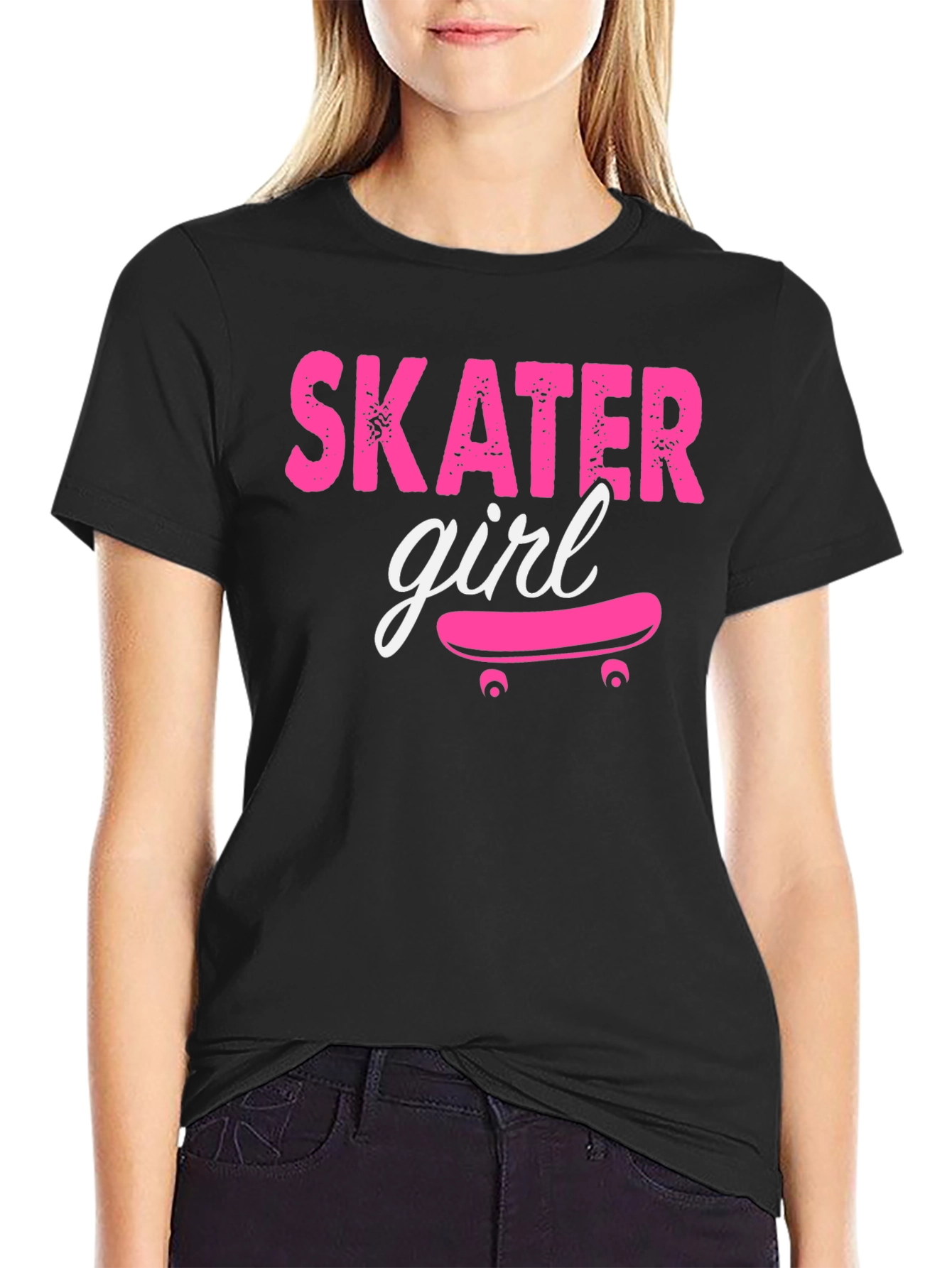 Skater Girl Graphic Tee - Black Cotton T-Shirt