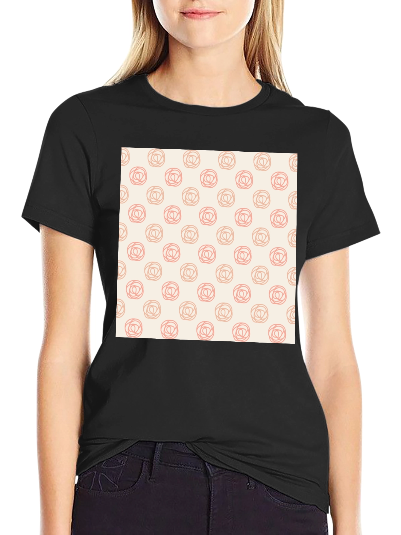 Stylish Black Tee with Floral Rose Pattern