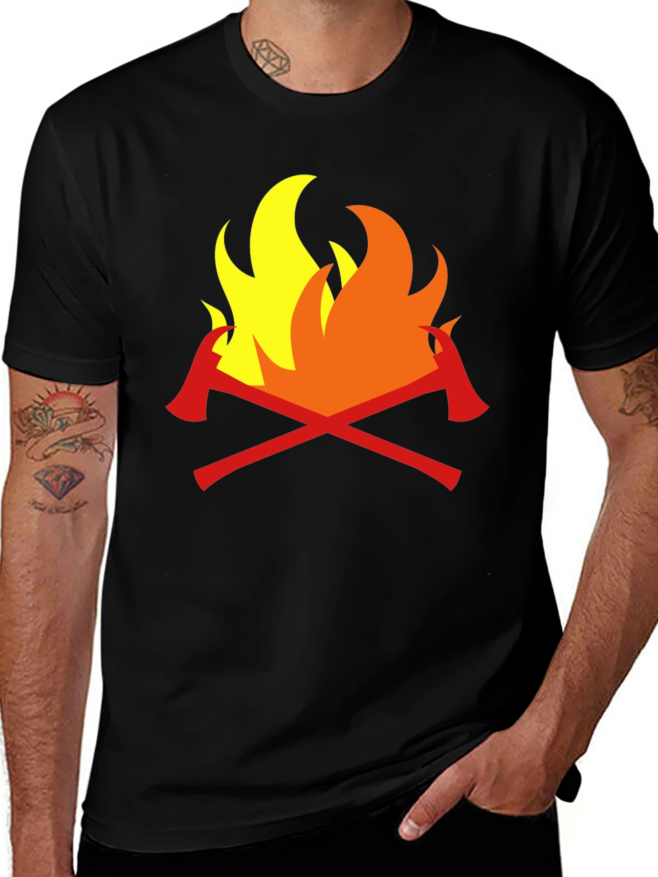 Firefighter Axes Flames Graphic Tee - Black Cotton